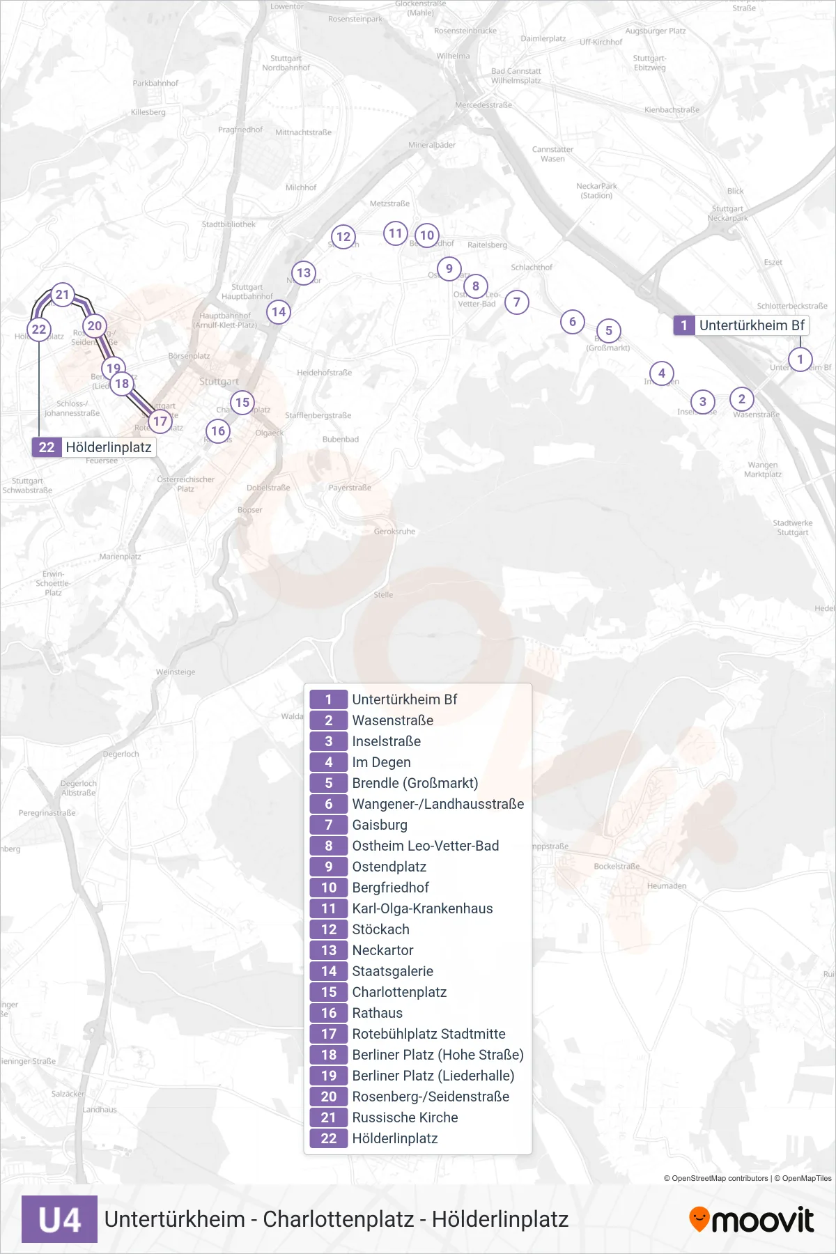 U4 subway Line (Hölderlinplatz) route and stops on a map