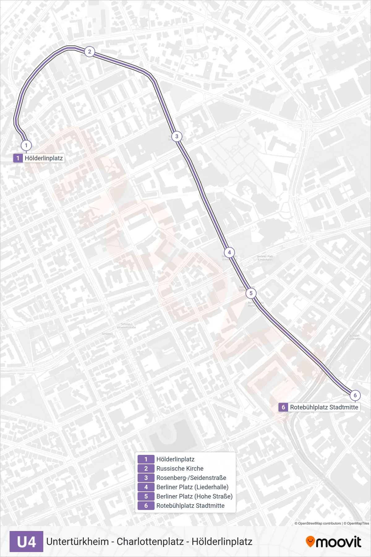 Linie U4 (U-Bahn) Richtung Rotebühlplatz: Route und Haltestellen auf der Karte