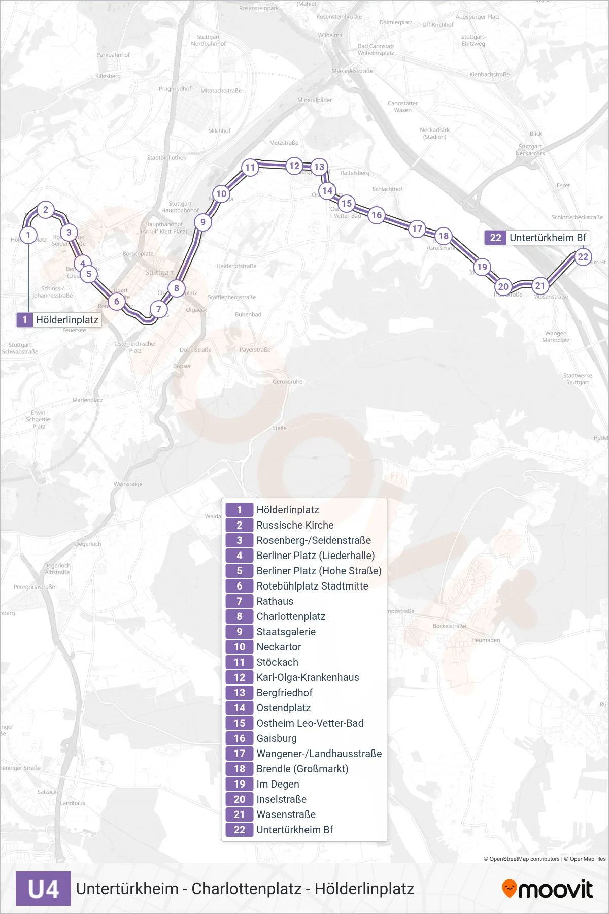 Linie U4 (U-Bahn) Richtung Untertürkheim Bf: Route und Haltestellen auf der Karte