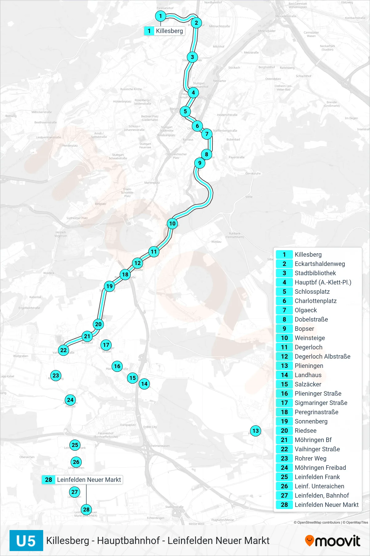 U5 subway Line (Leinfelden) route and stops on a map