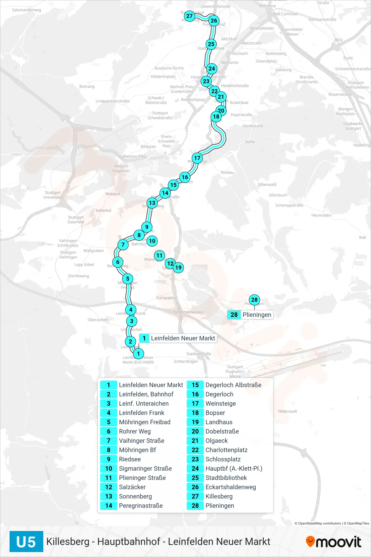 Linie U5 (U-Bahn) Richtung Killesberg: Route und Haltestellen auf der Karte