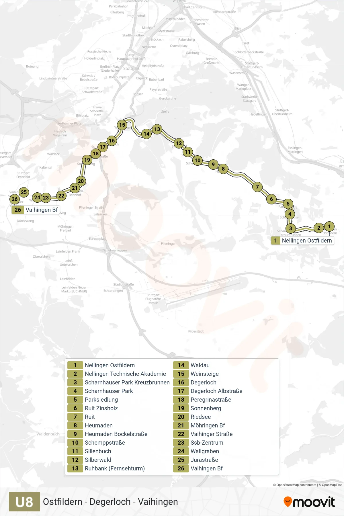 U8 subway Line (Vaihingen) route and stops on a map