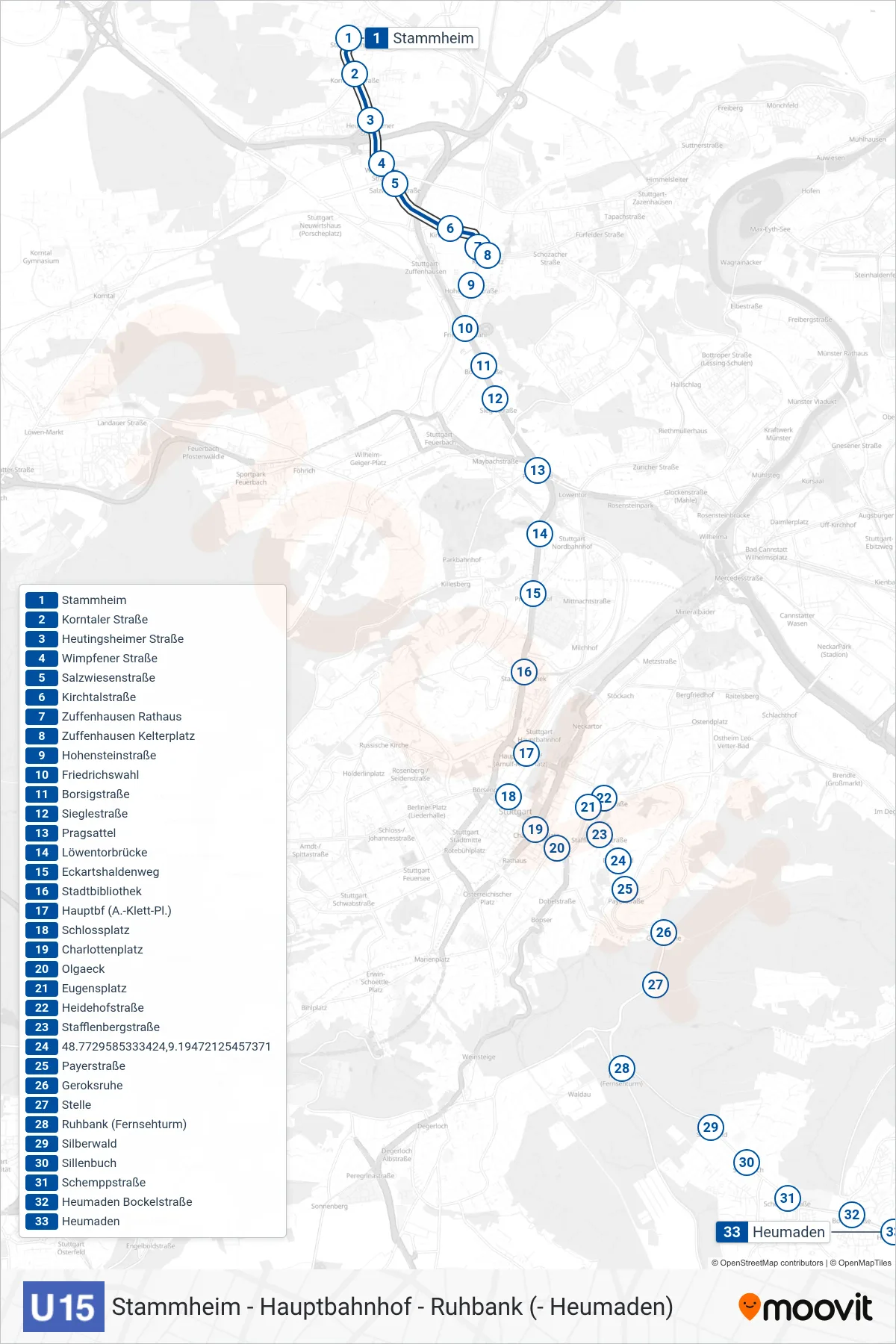 Linie U15 (U-Bahn) Richtung Ruhbank (- Heumaden): Route und Haltestellen auf der Karte