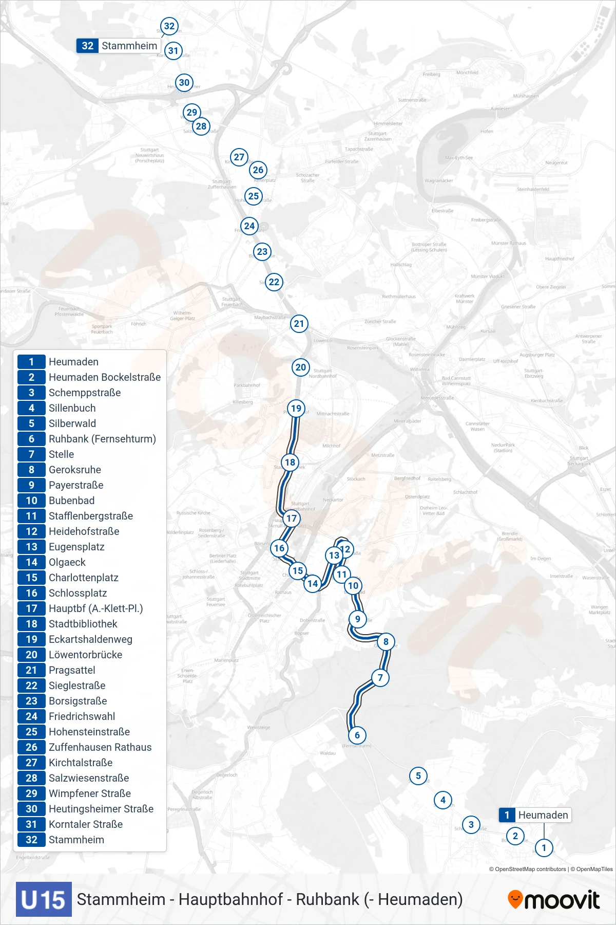 Linie U15 (U-Bahn) Richtung Stammheim: Route und Haltestellen auf der Karte
