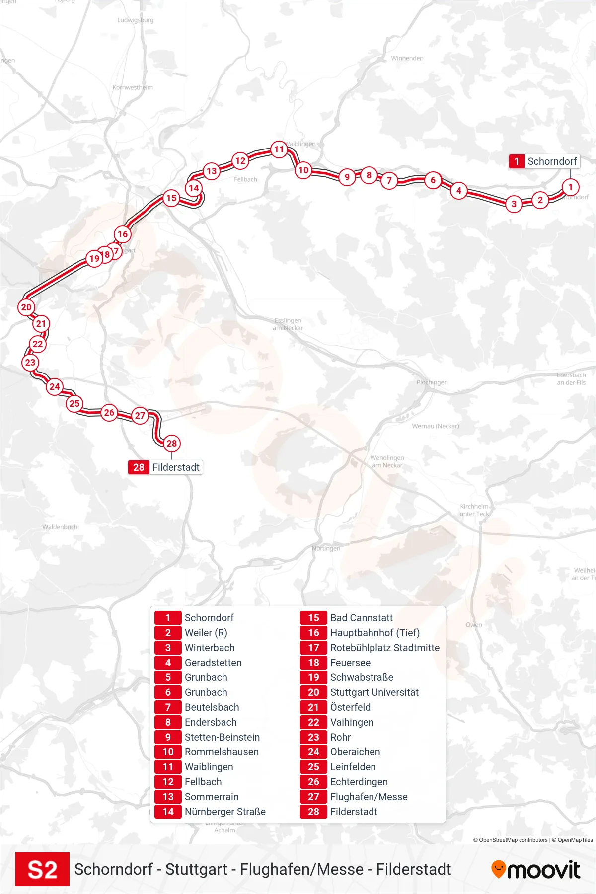 Linie S2 (S-Bahn) Richtung Filderstadt: Route und Haltestellen auf der Karte