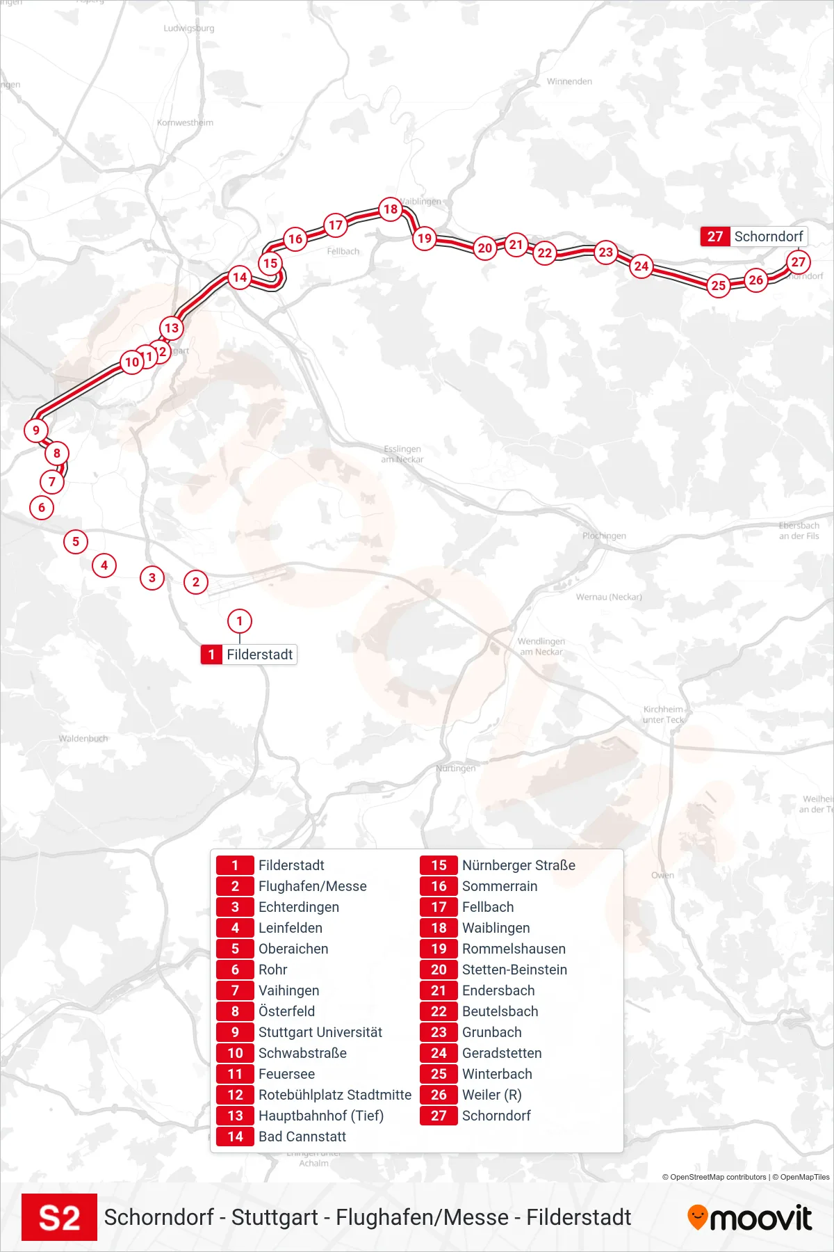 S2 S-Bahn Line (Schorndorf) route and stops on a map