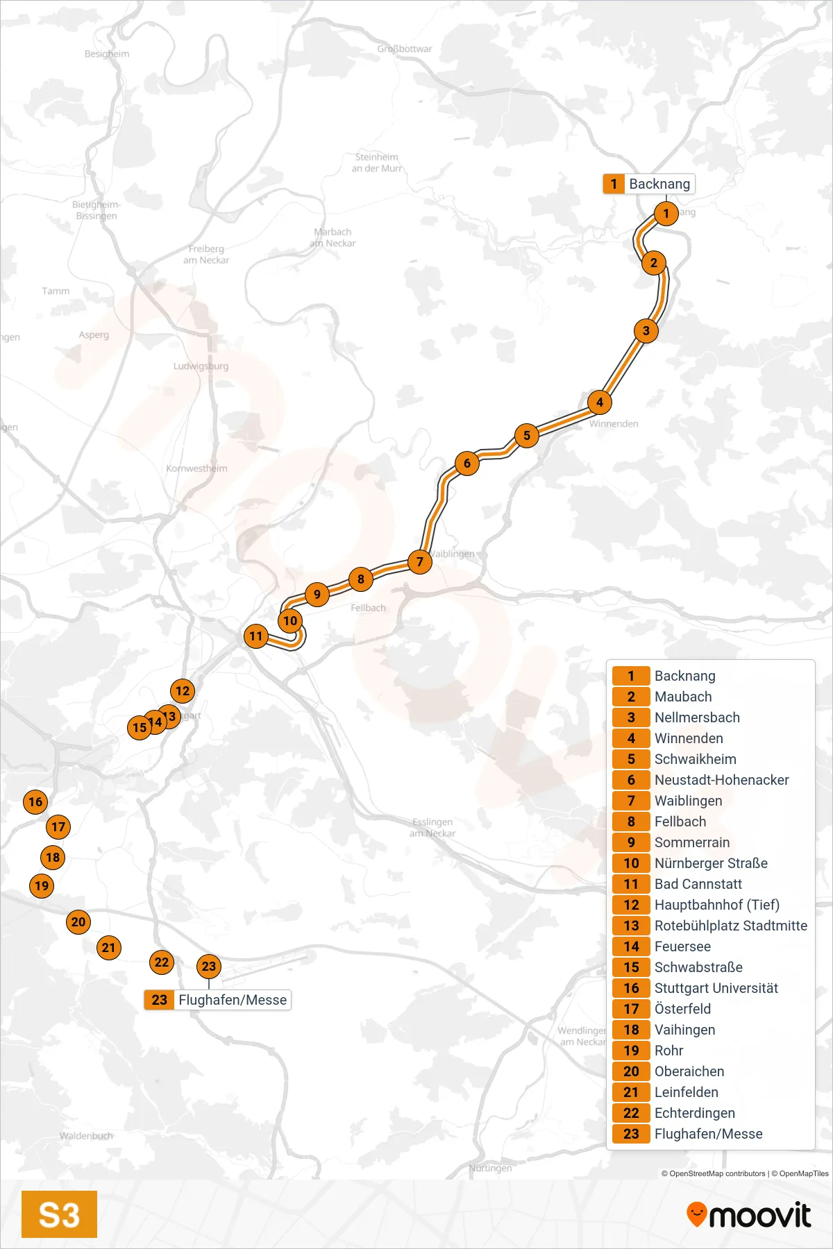S3 S-Bahn Line (Flughafen/Messe) route and stops on a map