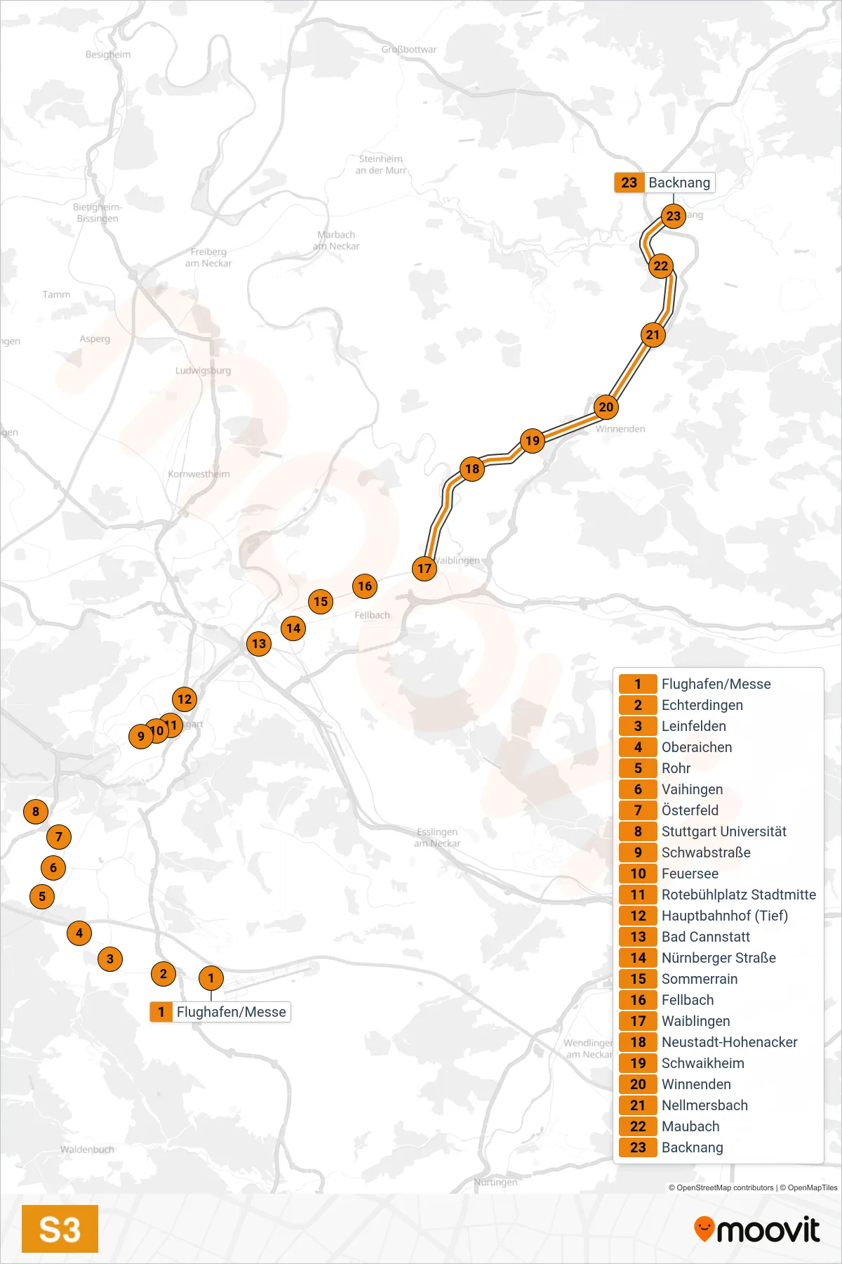 Linie S3 (S-Bahn) Richtung Backnang: Route und Haltestellen auf der Karte