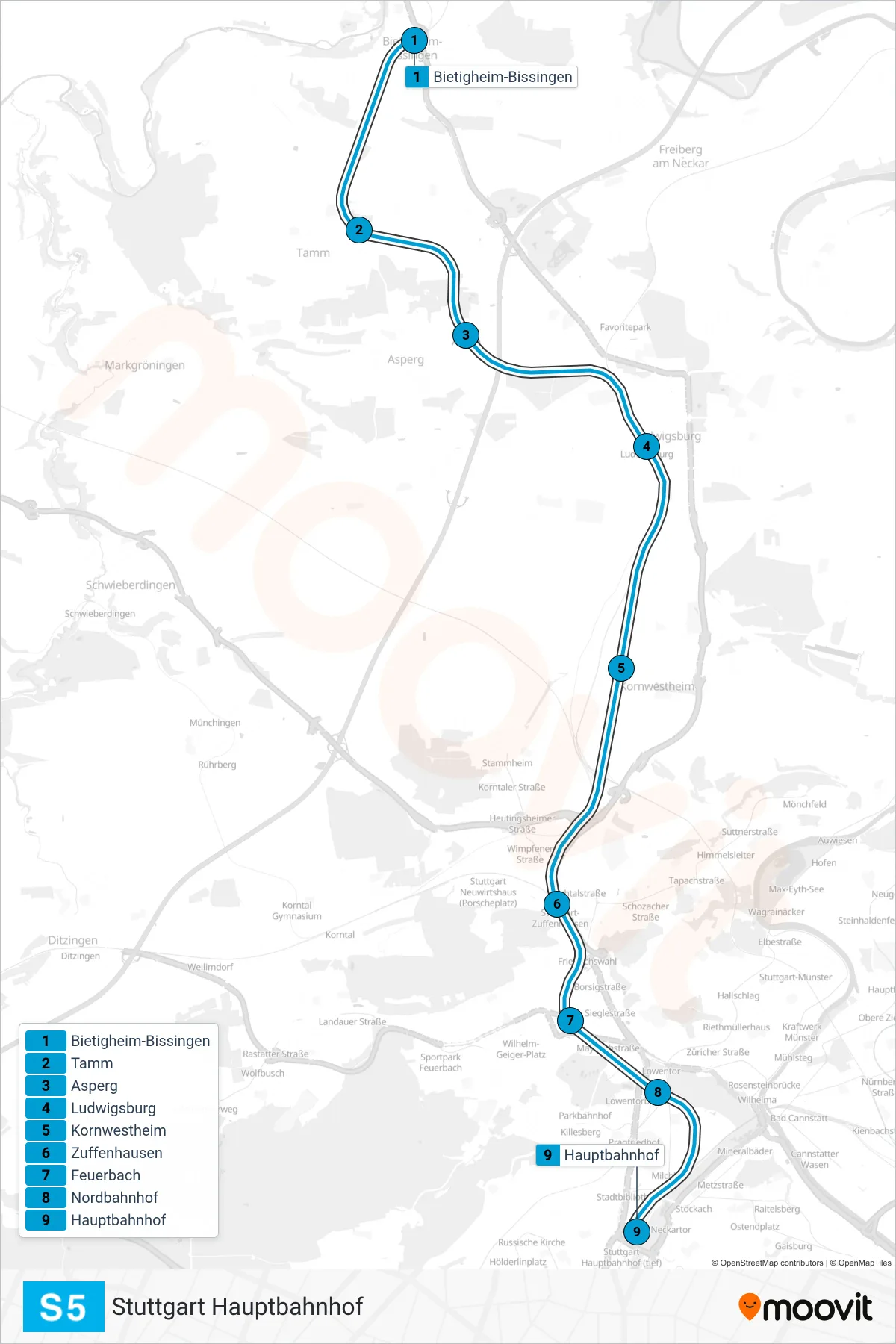 S5 S-Bahn Line (Stuttgart Hauptbahnhof) route and stops on a map