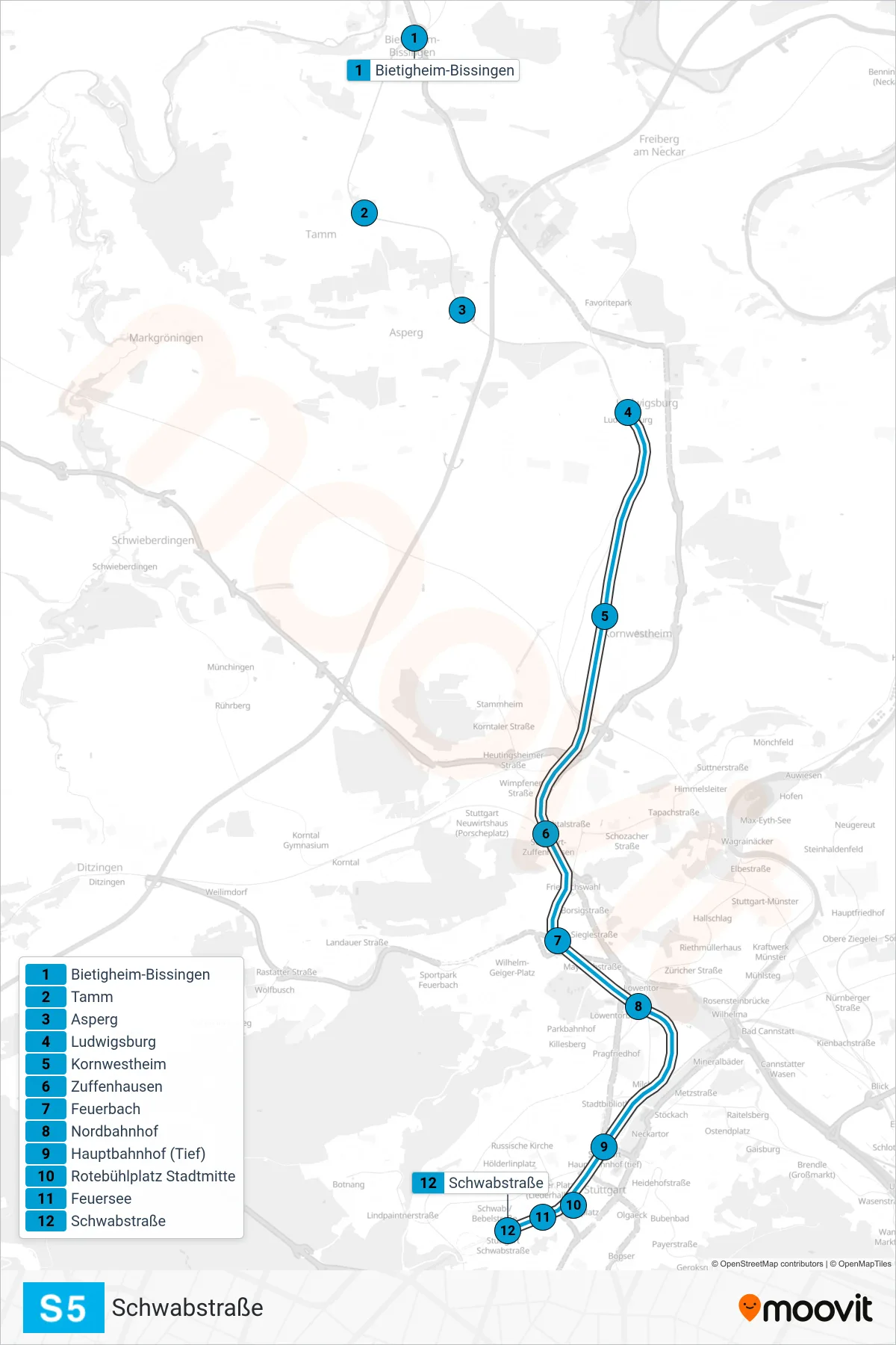 Linie S5 (S-Bahn) Richtung Schwabstraße: Route und Haltestellen auf der Karte