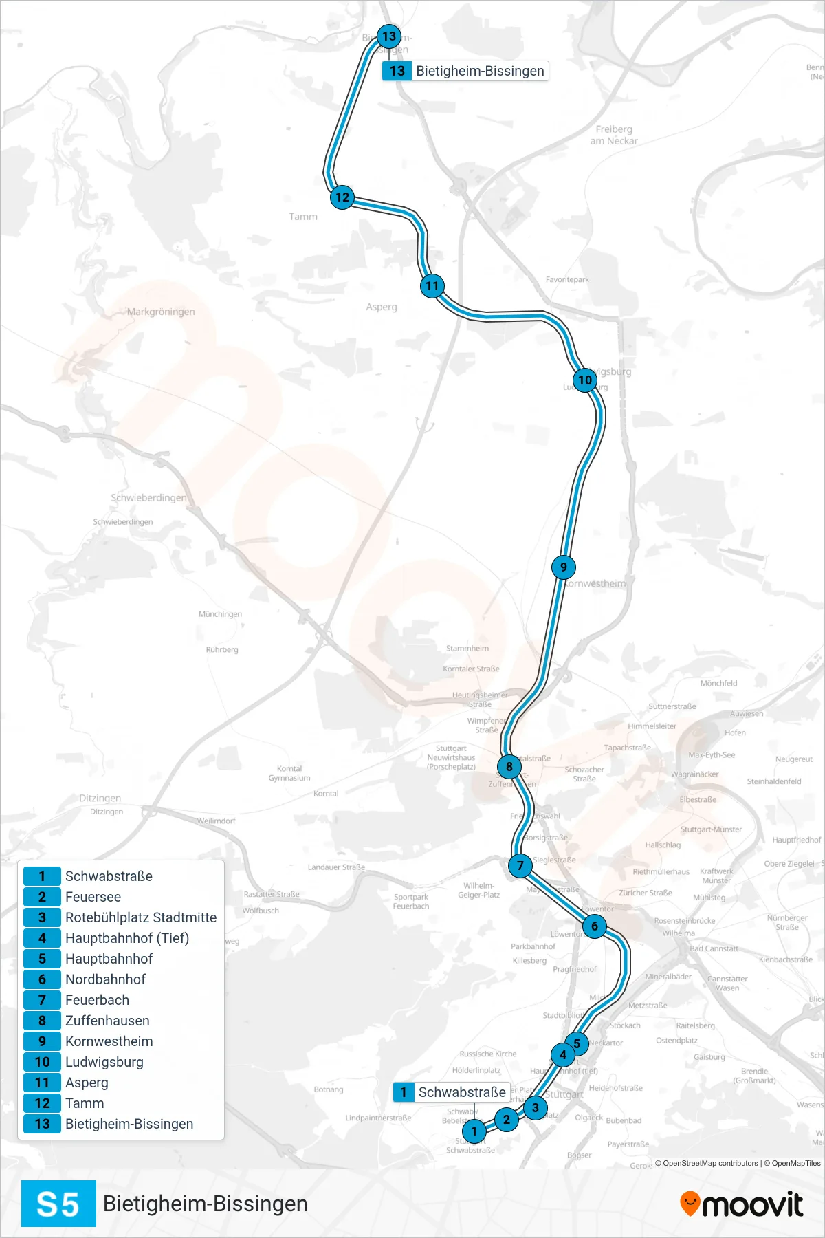 S5 S-Bahn Line (Bietigheim-Bissingen) route and stops on a map