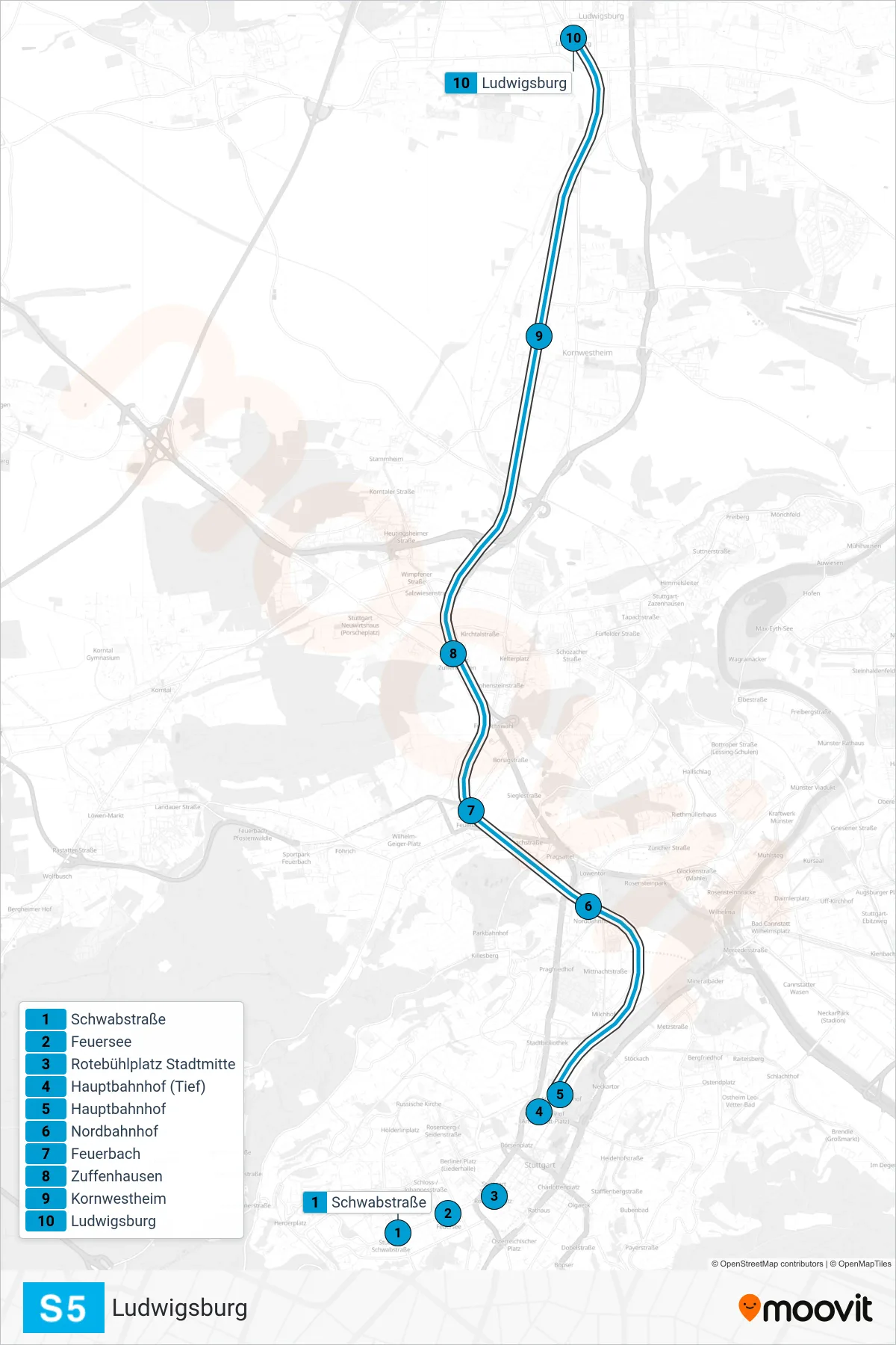S5 S-Bahn Line (Ludwigsburg) route and stops on a map