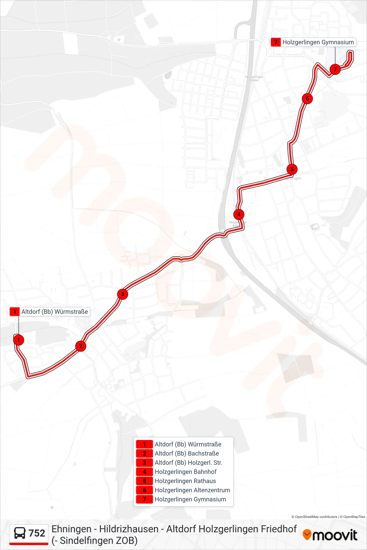 752 bus Line (Holzgerlingen Gymnasium) route and stops on a map