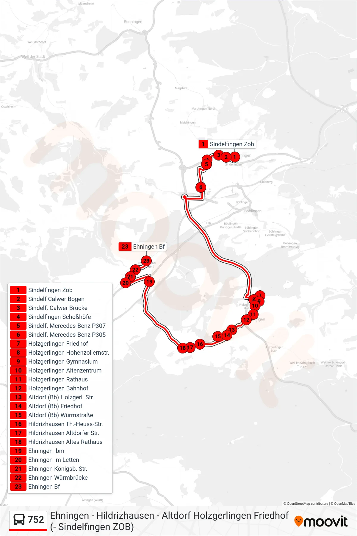 Linie 752 (Bus) Richtung Ehningen Bf: Route und Haltestellen auf der Karte