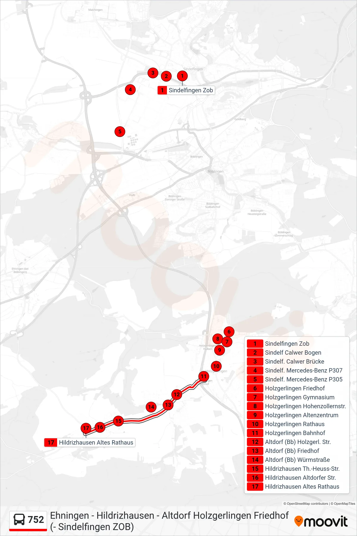 752 bus Line (Hildrizhausen Altes Rathaus) route and stops on a map
