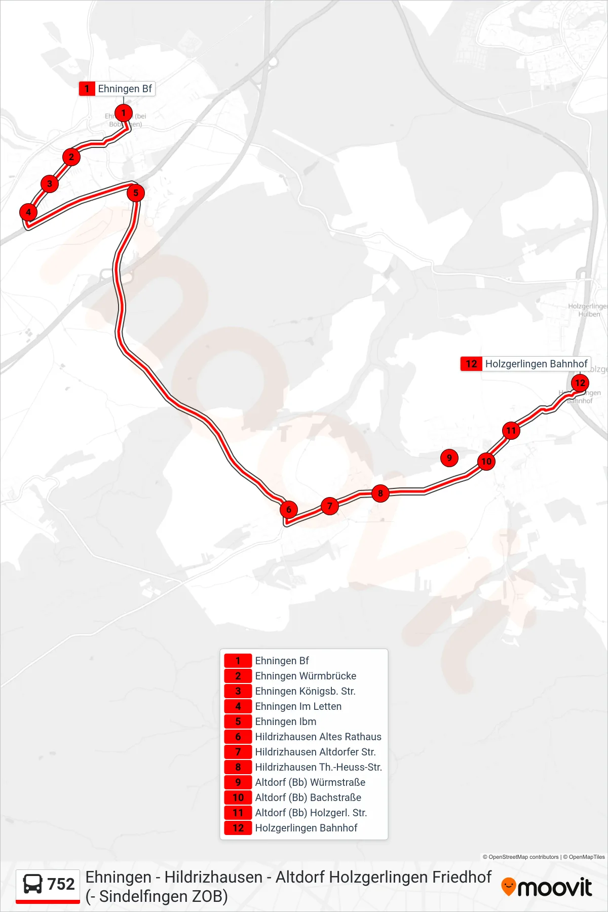 752 bus Line (Holzgerlingen Bahnhof) route and stops on a map