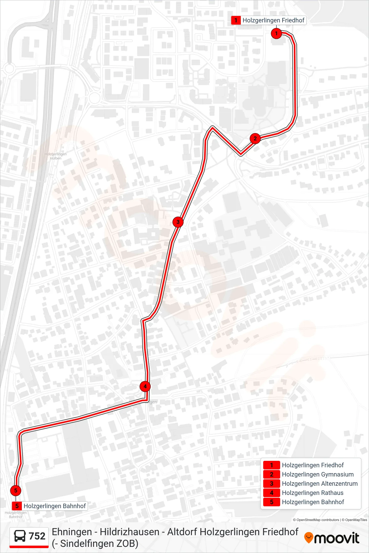 752 bus Line (Holzgerlingen Bahnhof) route and stops on a map