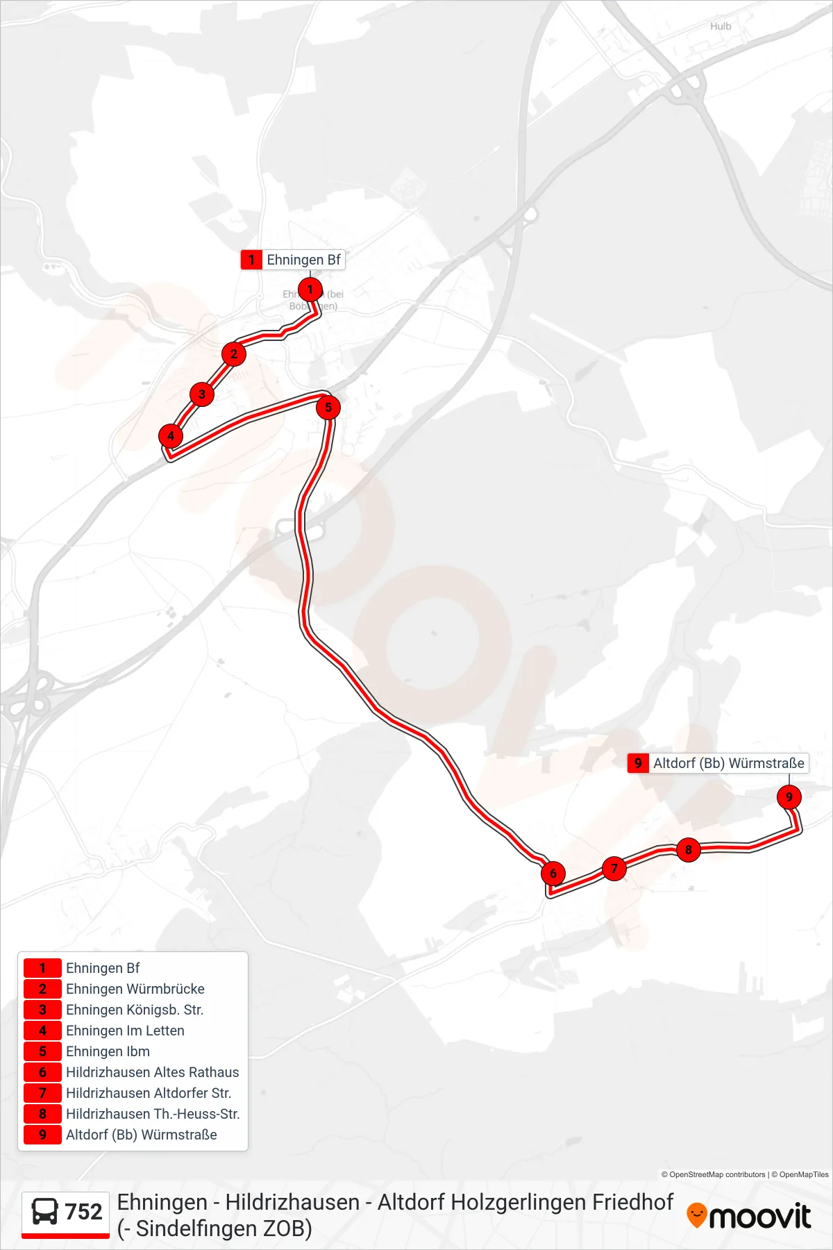 752 bus Line (Altdorf (Bb) Würmstraße) route and stops on a map