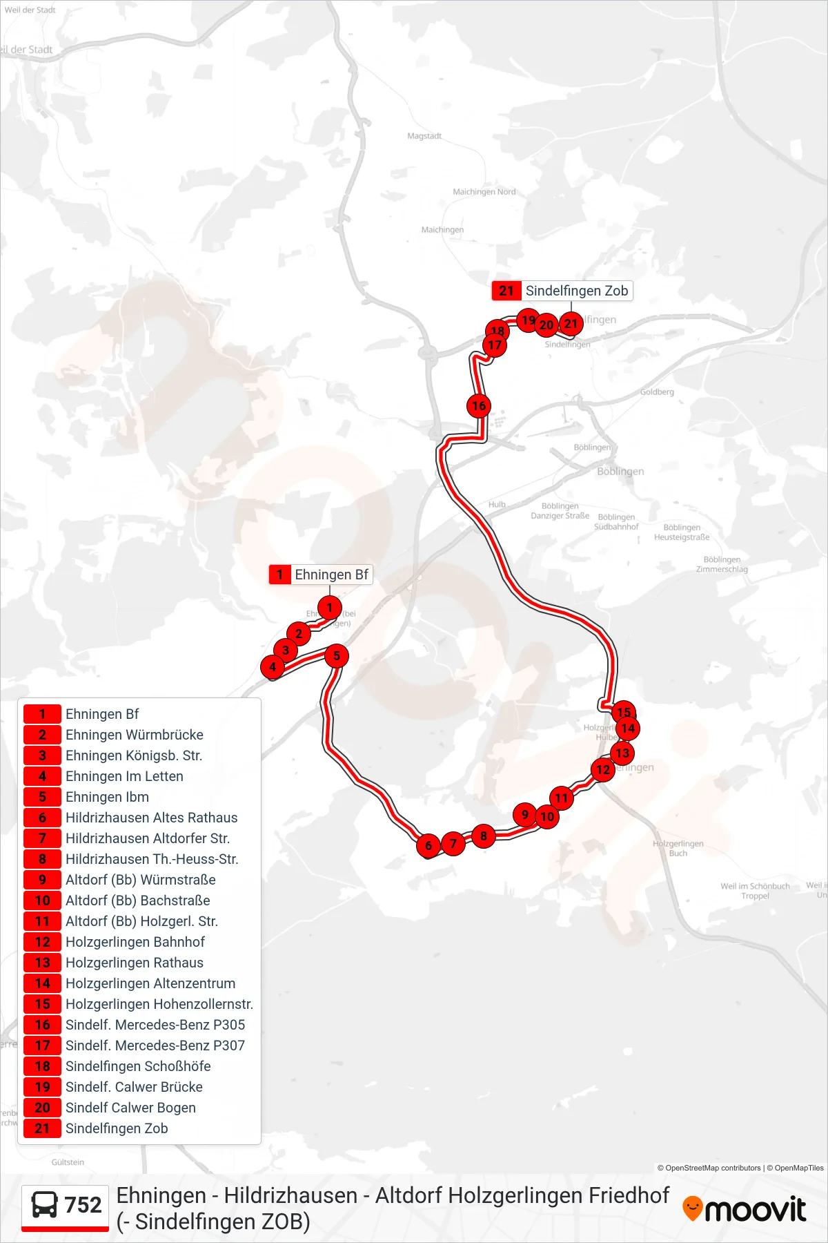 752 bus Line (Sindelfingen Zob) route and stops on a map