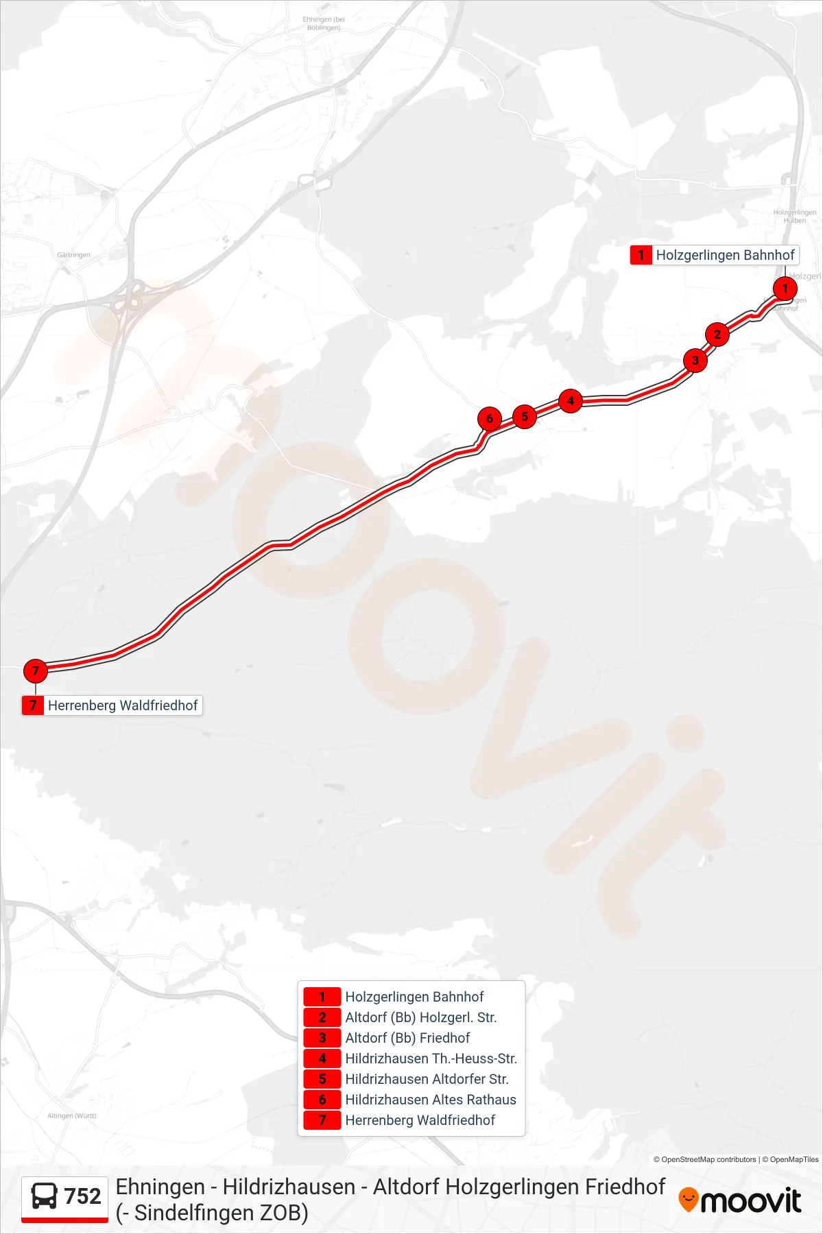752 bus Line (Herrenberg Waldfriedhof) route and stops on a map