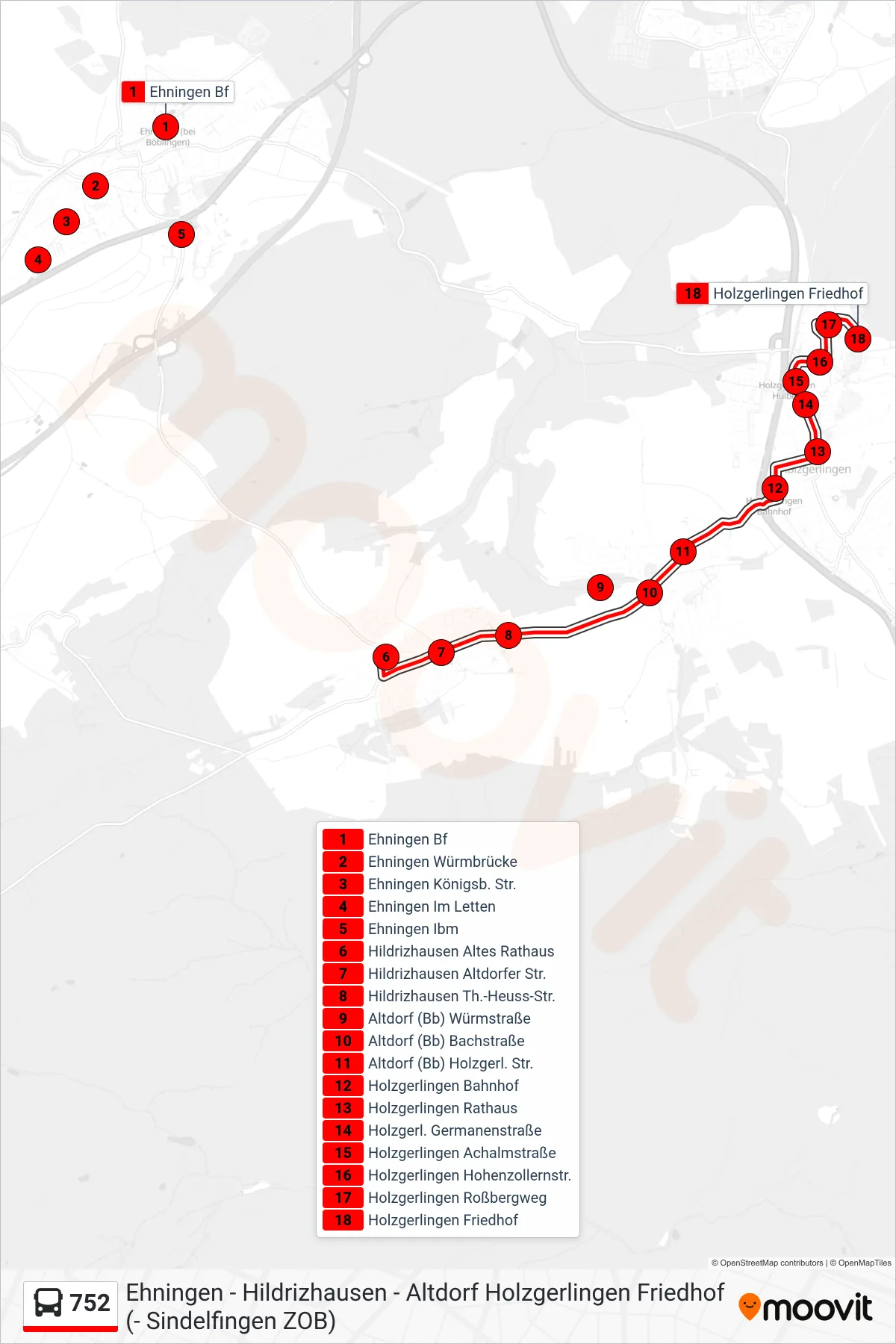 752 bus Line (Holzgerlingen Friedhof) route and stops on a map