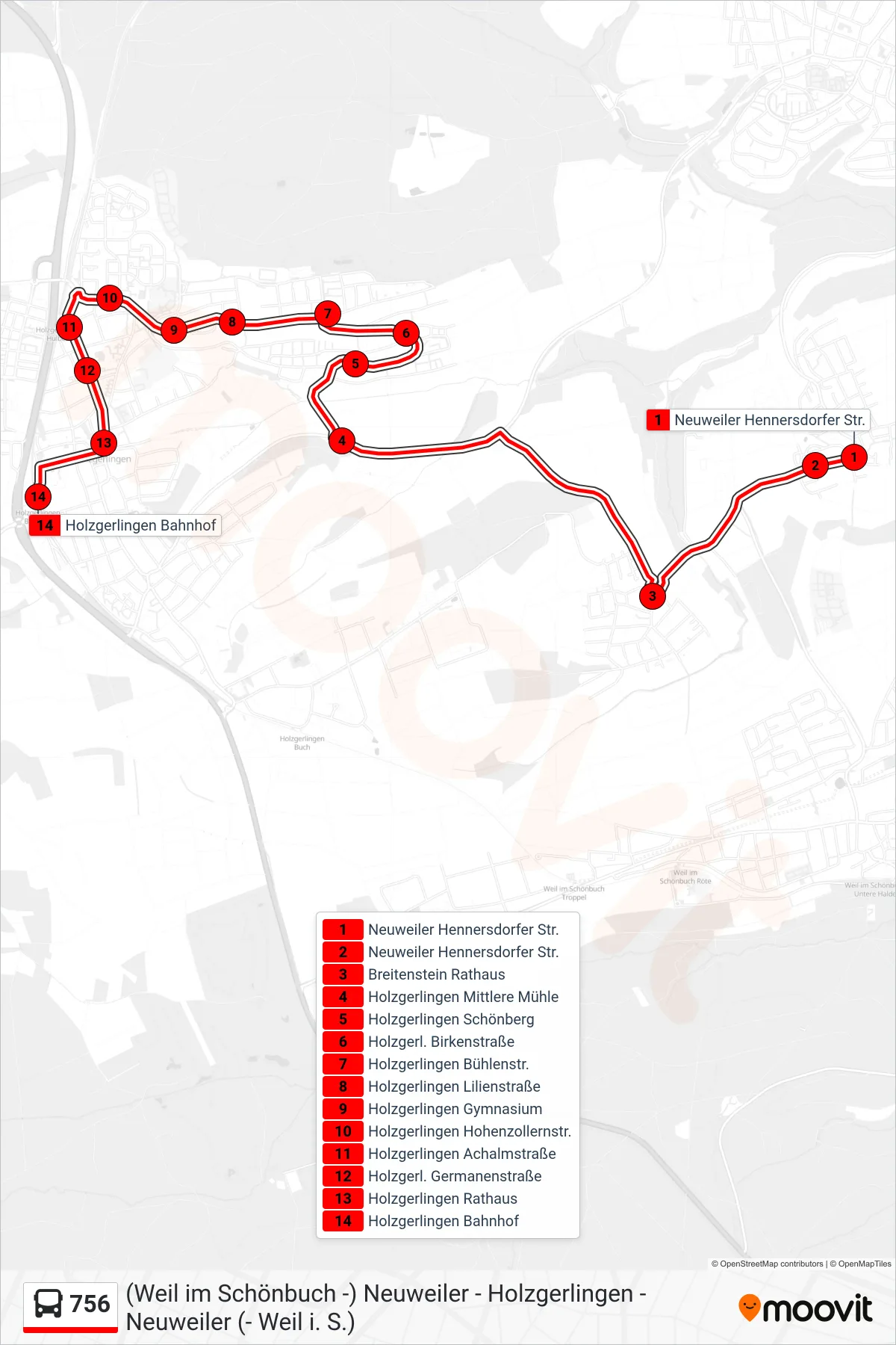 756 bus Line (Holzgerlingen Bahnhof) route and stops on a map