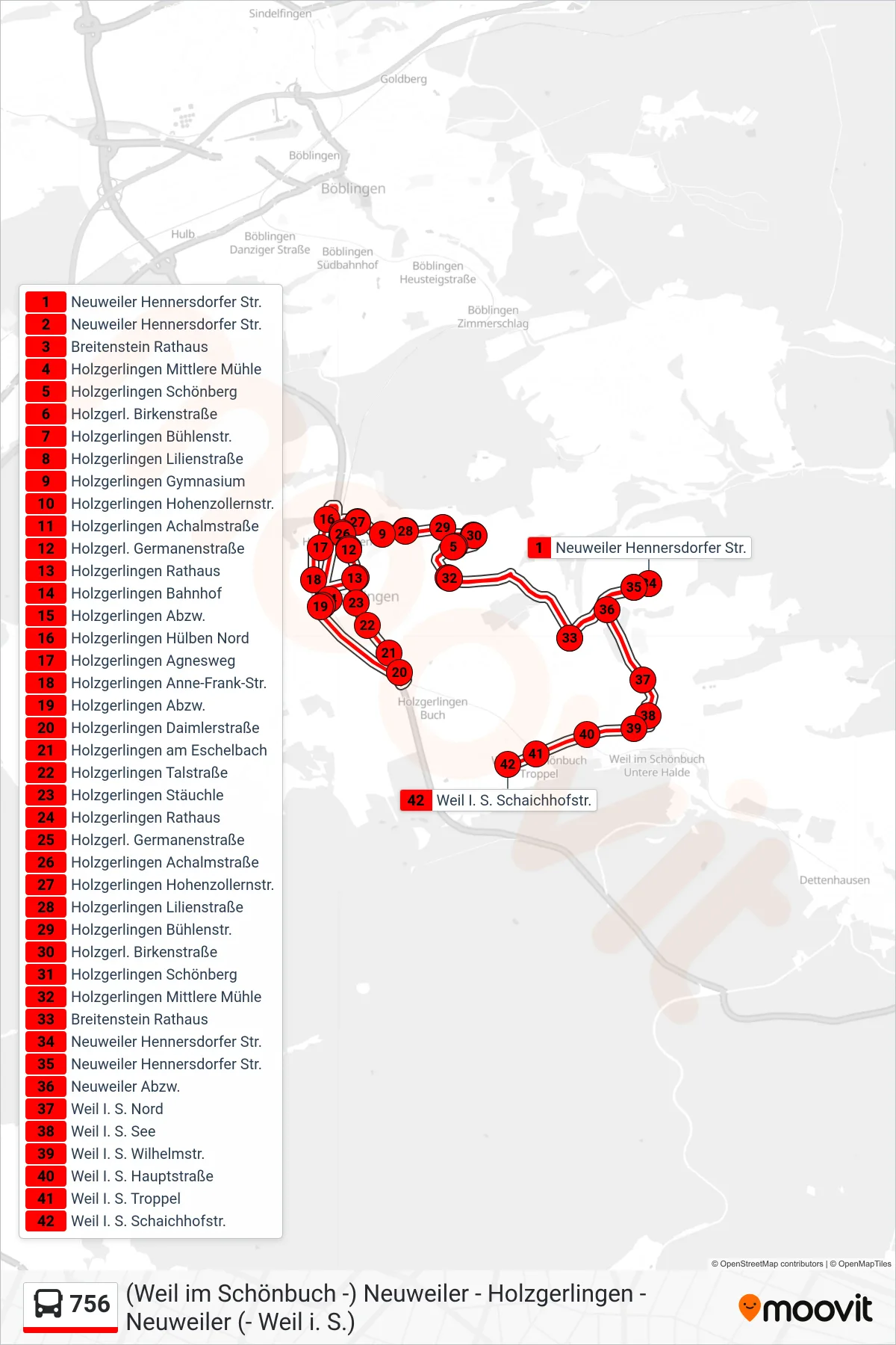 756 bus Line (Weil I. S. Schaichhofstr.) route and stops on a map