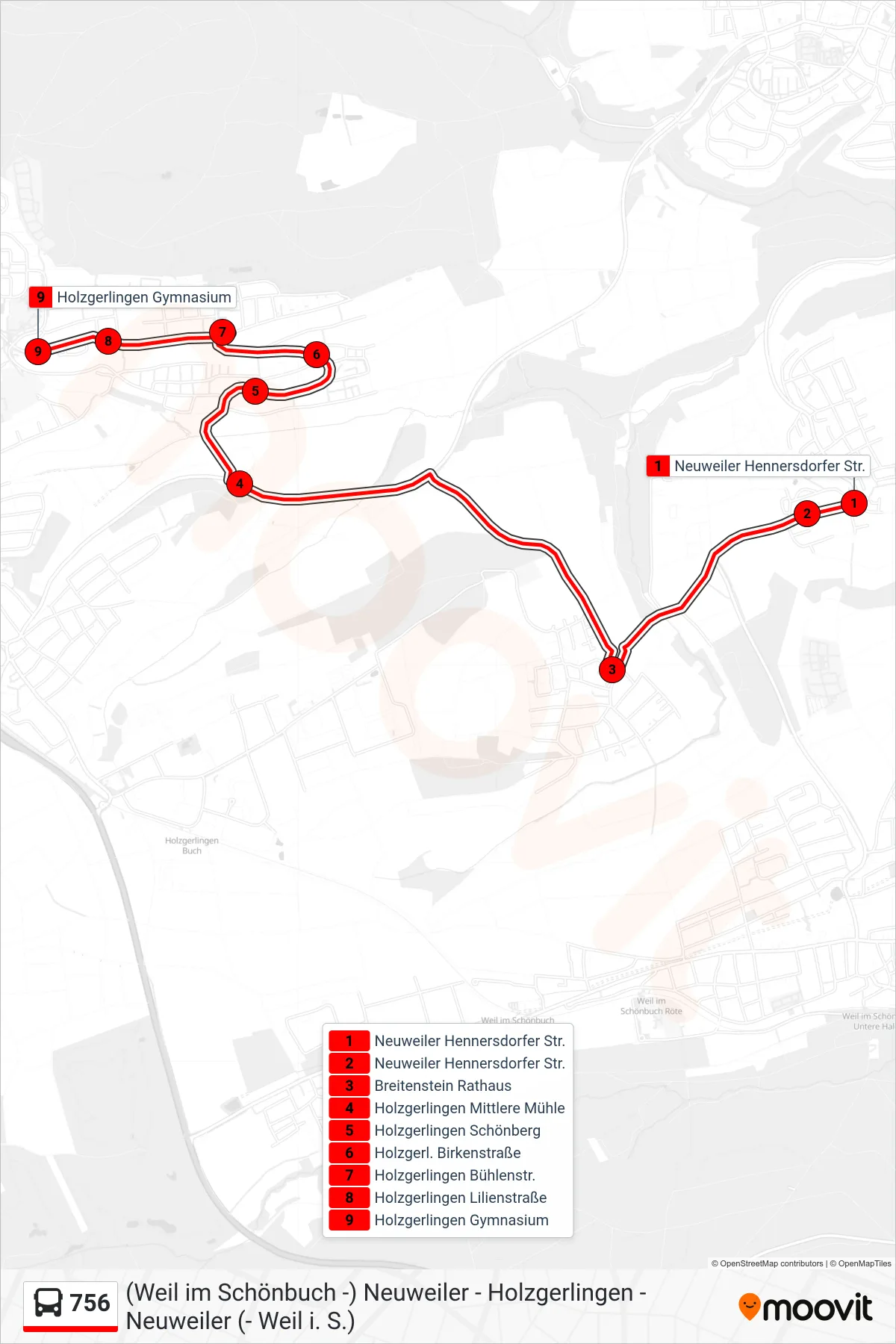 756 bus Line (Holzgerlingen Gymnasium) route and stops on a map
