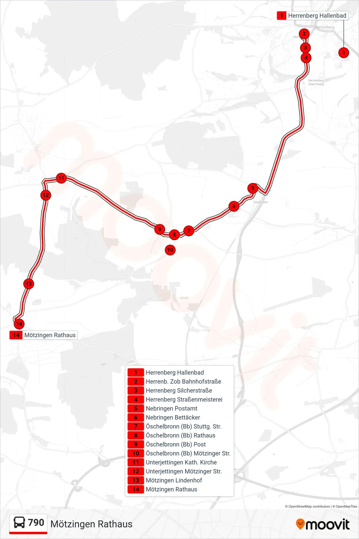 Linie 790 (Bus) Richtung Mötzingen Rathaus: Route und Haltestellen auf der Karte