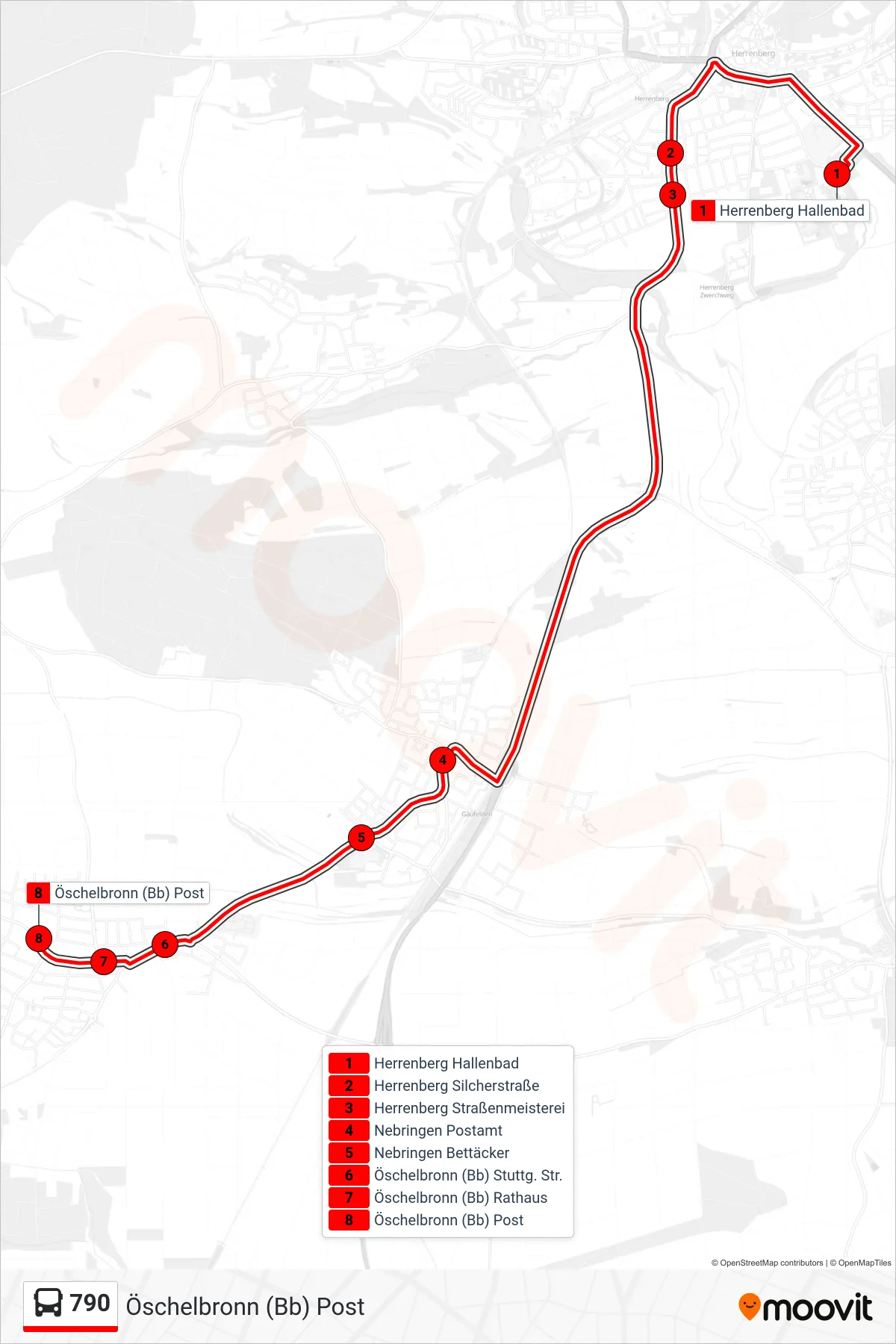 790 bus Line (Öschelbronn (Bb) Post) route and stops on a map