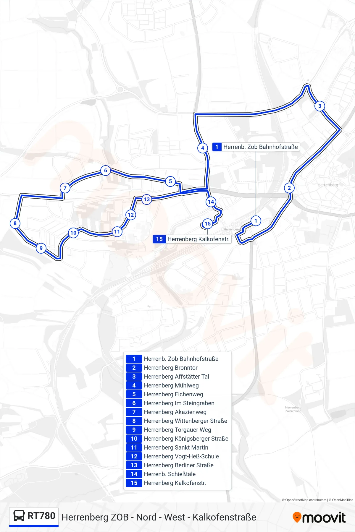 Linie RT780 (Bus) Richtung Herrenberg Kalkofenstr.: Route und Haltestellen auf der Karte