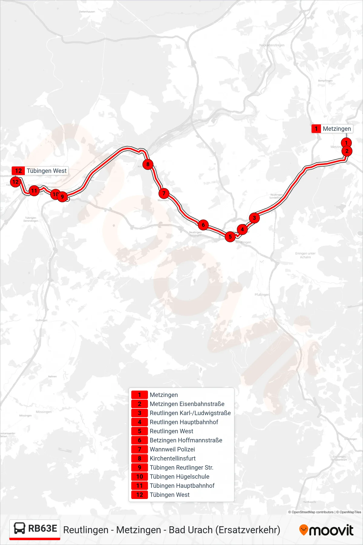 RB63E bus Line (Tübingen West) route and stops on a map