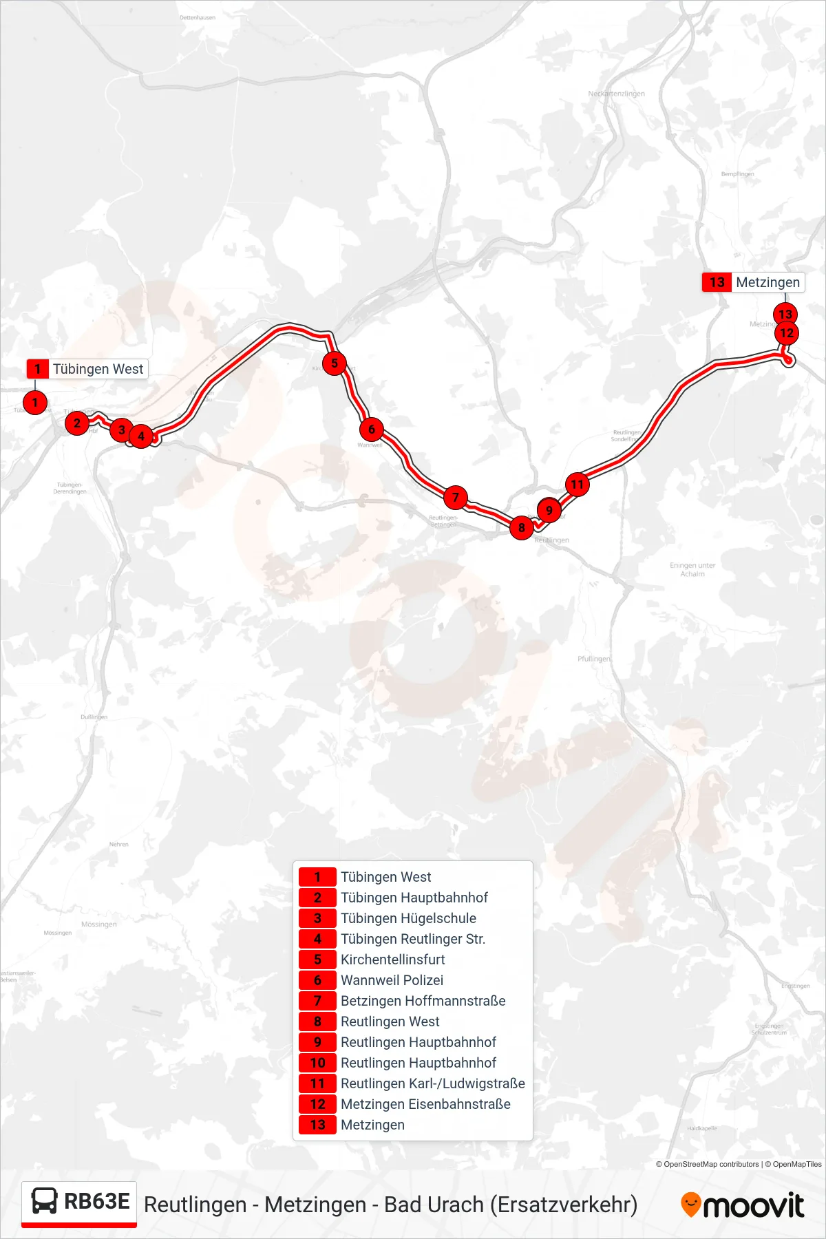 Linie RB63E (Bus) Richtung Metzingen: Route und Haltestellen auf der Karte