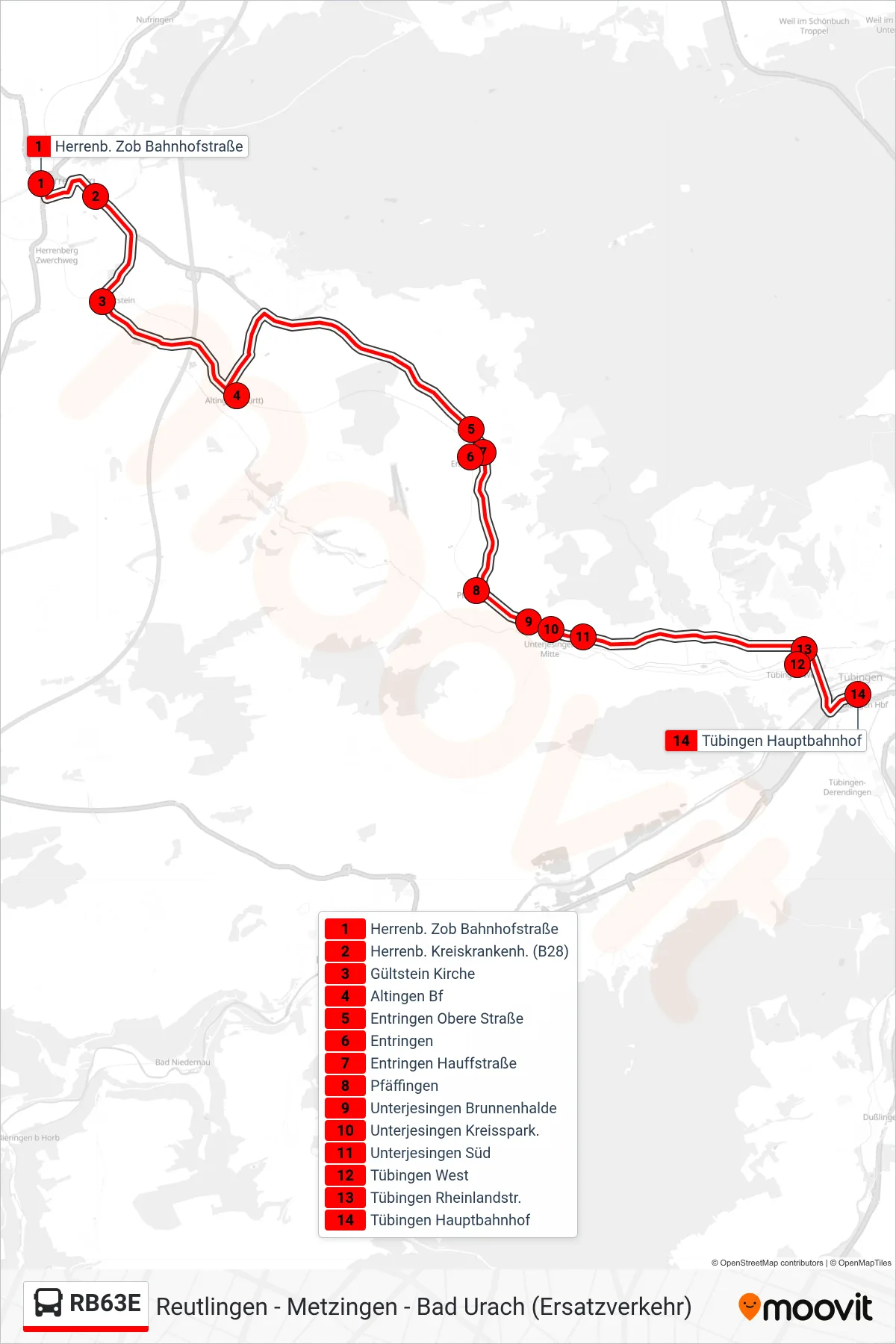 RB63E bus Line (Tübingen Hauptbahnhof) route and stops on a map