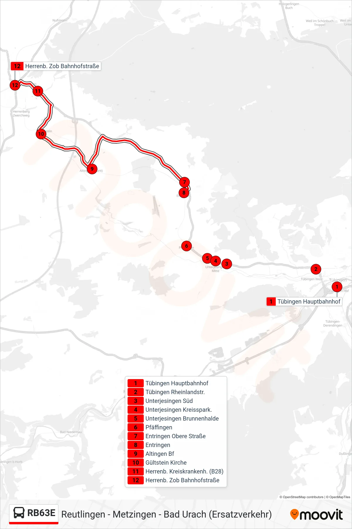 RB63E bus Line (Herrenberg) route and stops on a map