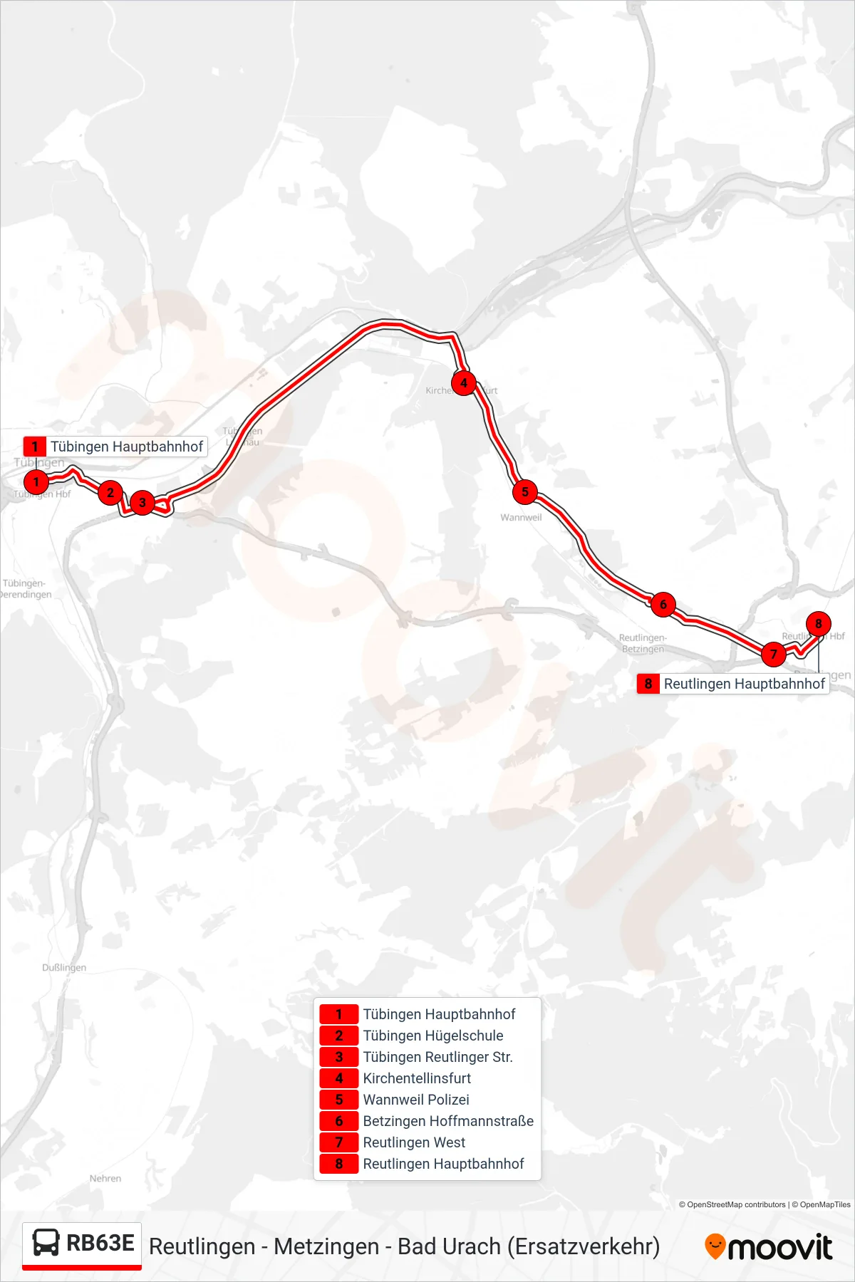 RB63E bus Line (Reutlingen Hauptbahnhof) route and stops on a map