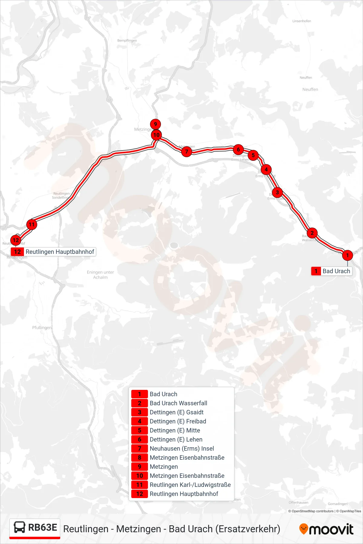 RB63E bus Line (Reutlingen Hauptbahnhof) route and stops on a map