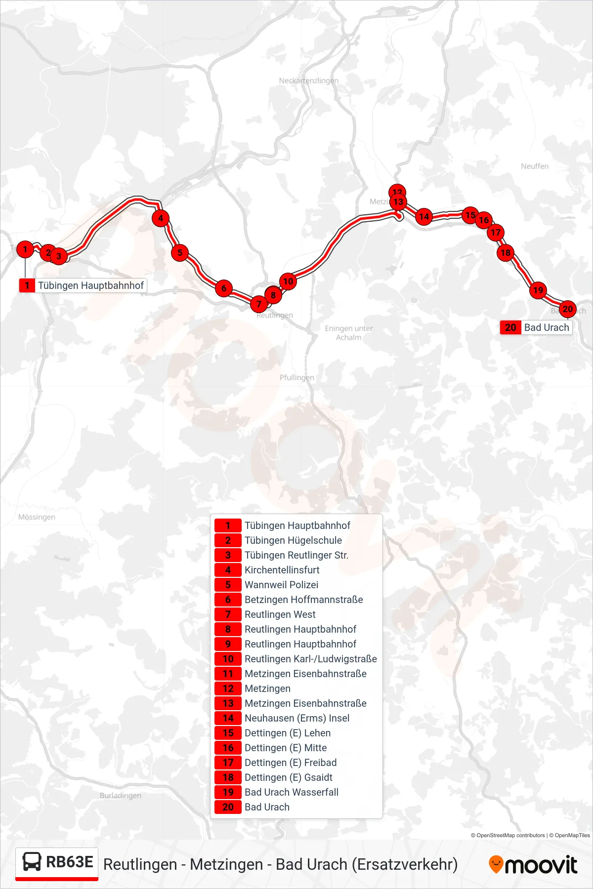 RB63E bus Line (Bad Urach) route and stops on a map