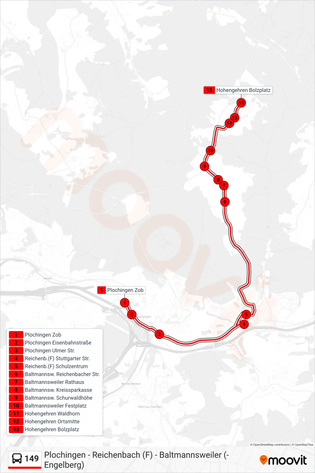149 bus Line (Hohengehren Bolzplatz) route and stops on a map