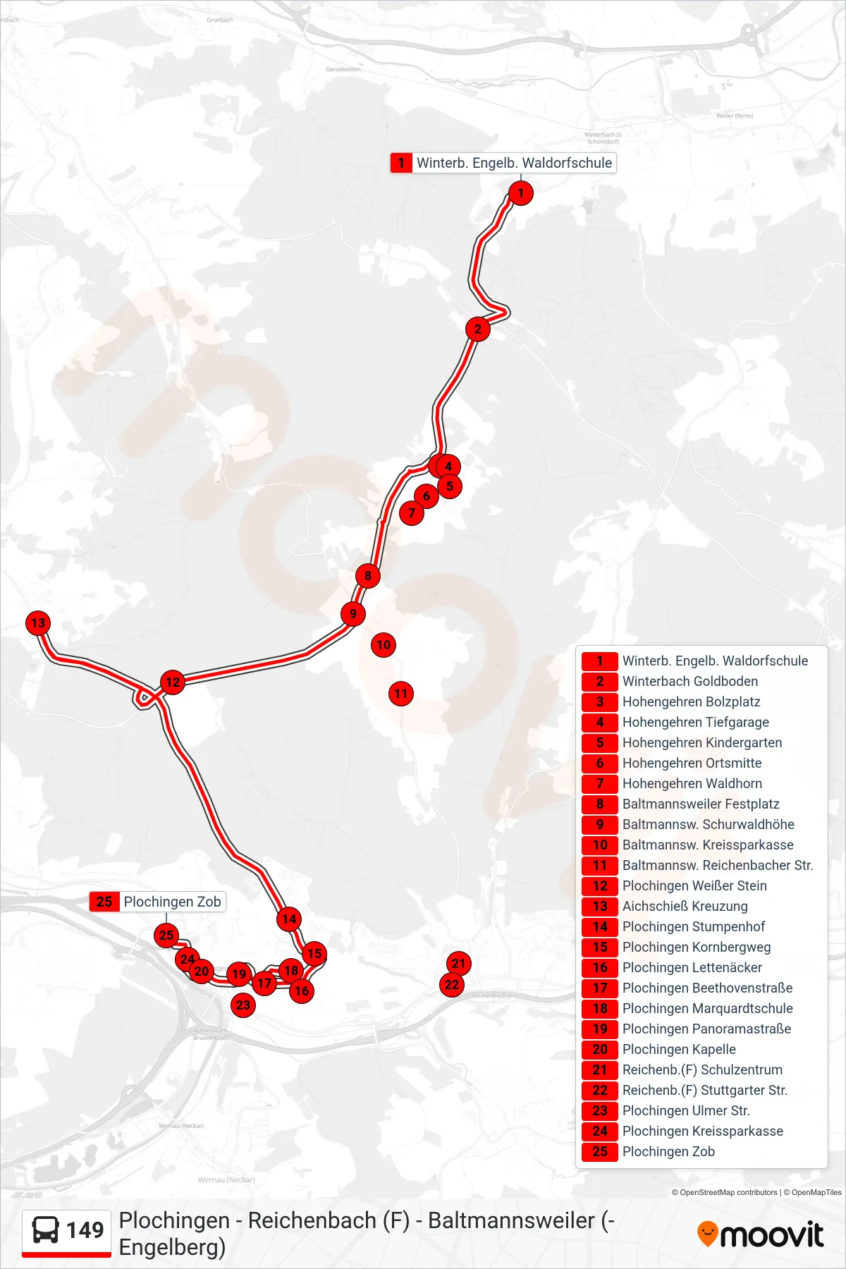 149 bus Line (Plochingen Zob) route and stops on a map