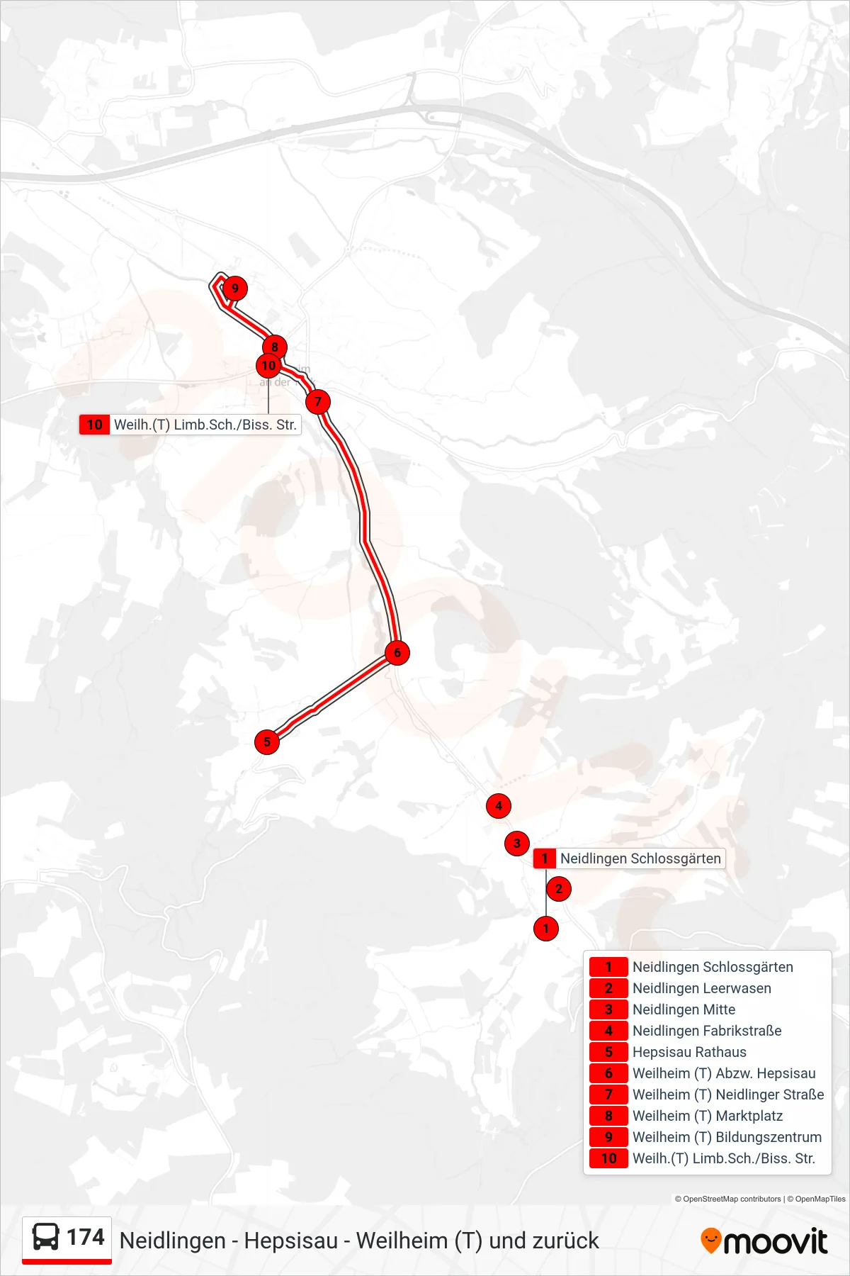 Linie 174 (Bus) Richtung Weilh.(T) Limb.Sch./Biss. Str.: Route und Haltestellen auf der Karte