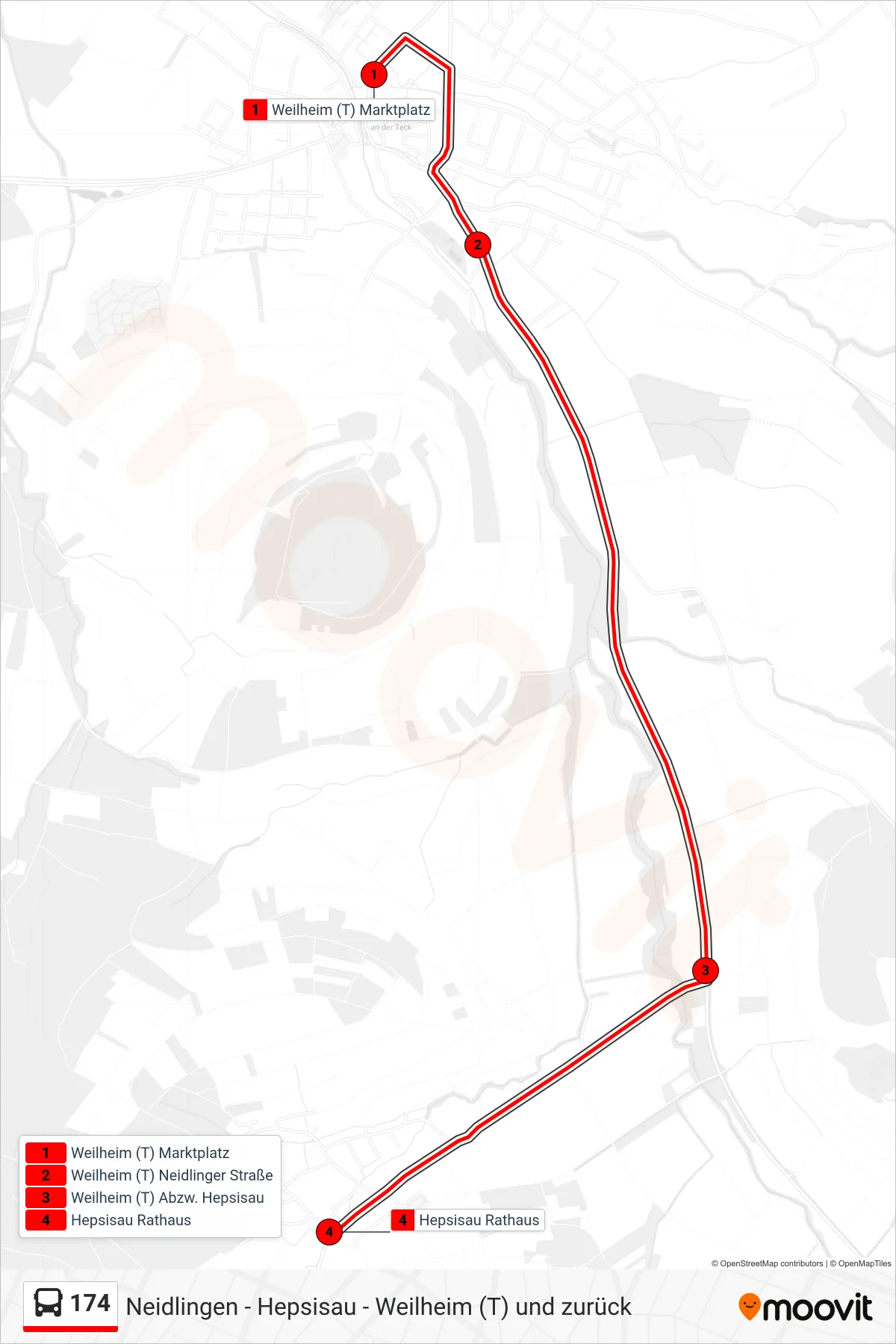 174 bus Line (Hepsisau Rathaus) route and stops on a map