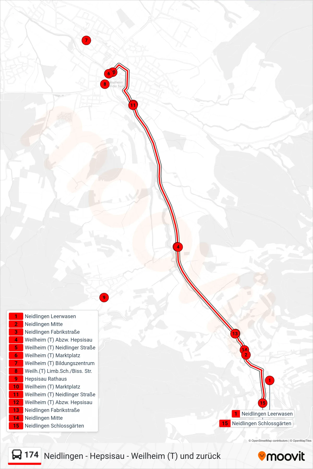 174 bus Line (Neidlingen Schlossgärten) route and stops on a map