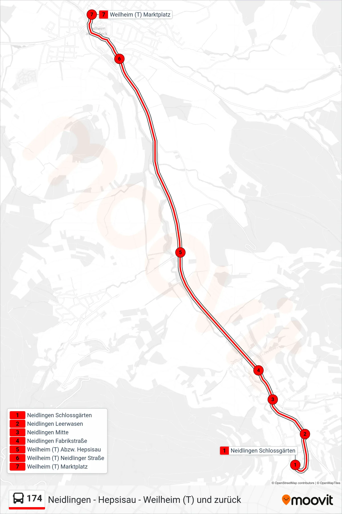 174 bus Line (Weilheim (T) Marktplatz) route and stops on a map