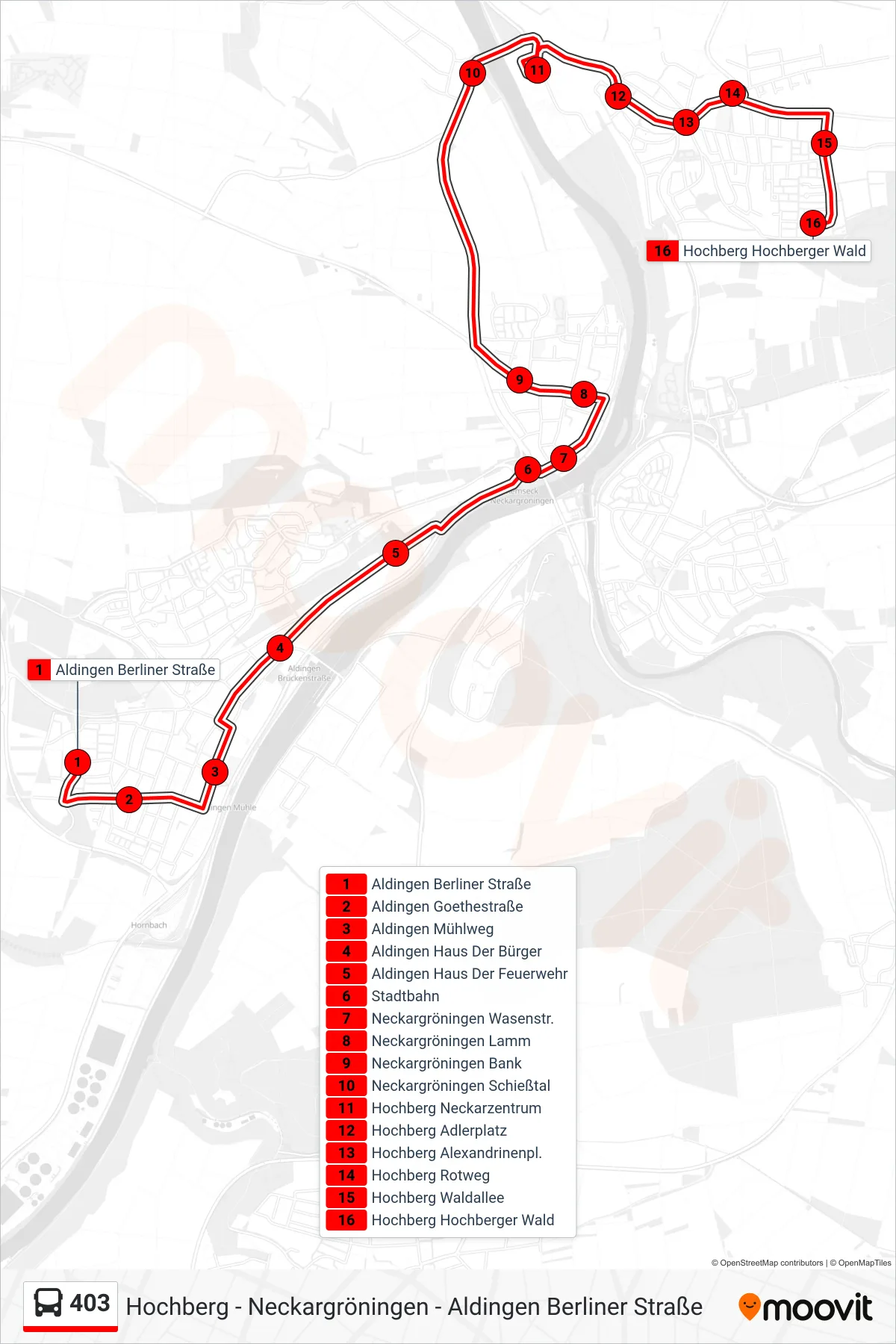 403 bus Line (Hochberg Hochberger Wald) route and stops on a map