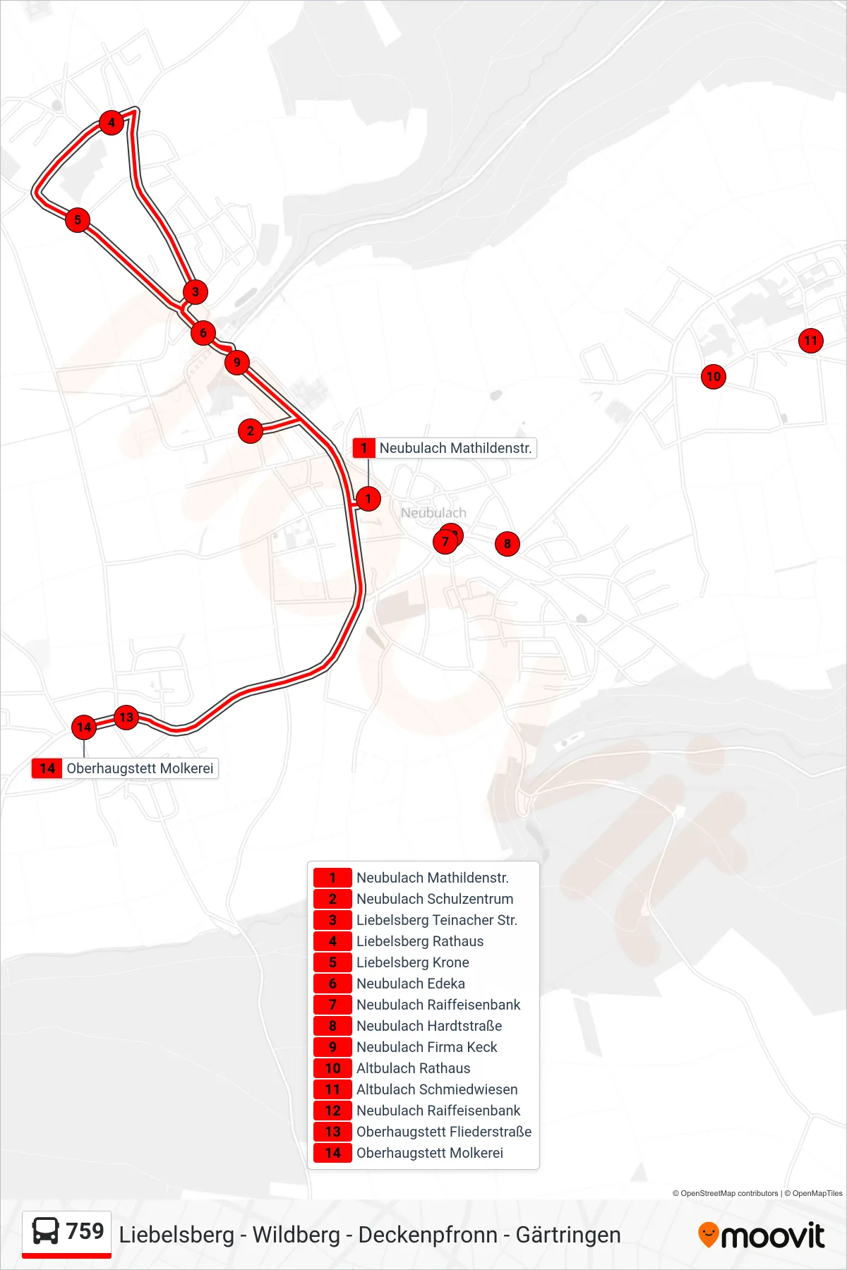 759 bus Line (Oberhaugstett Molkerei) route and stops on a map