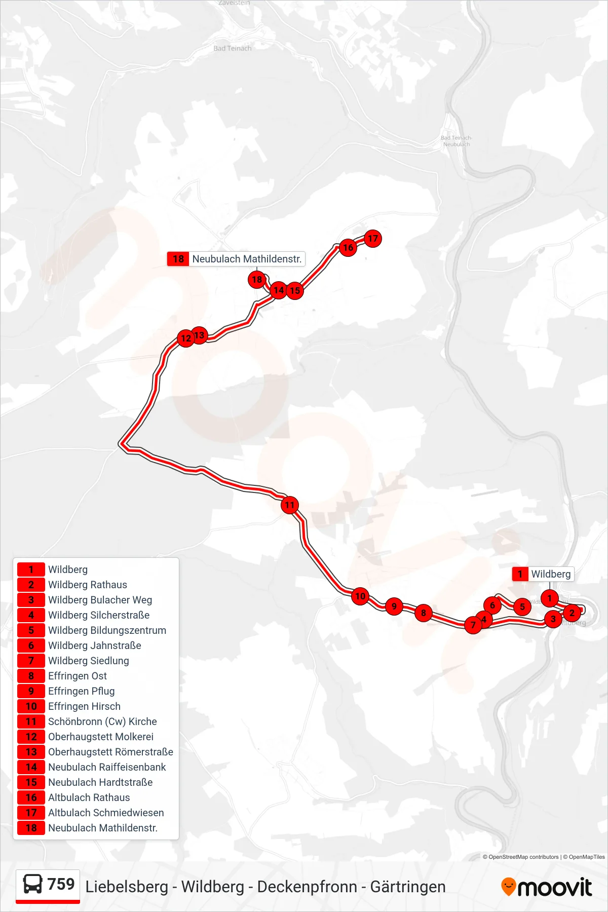 759 bus Line (Neubulach Mathildenstr.) route and stops on a map