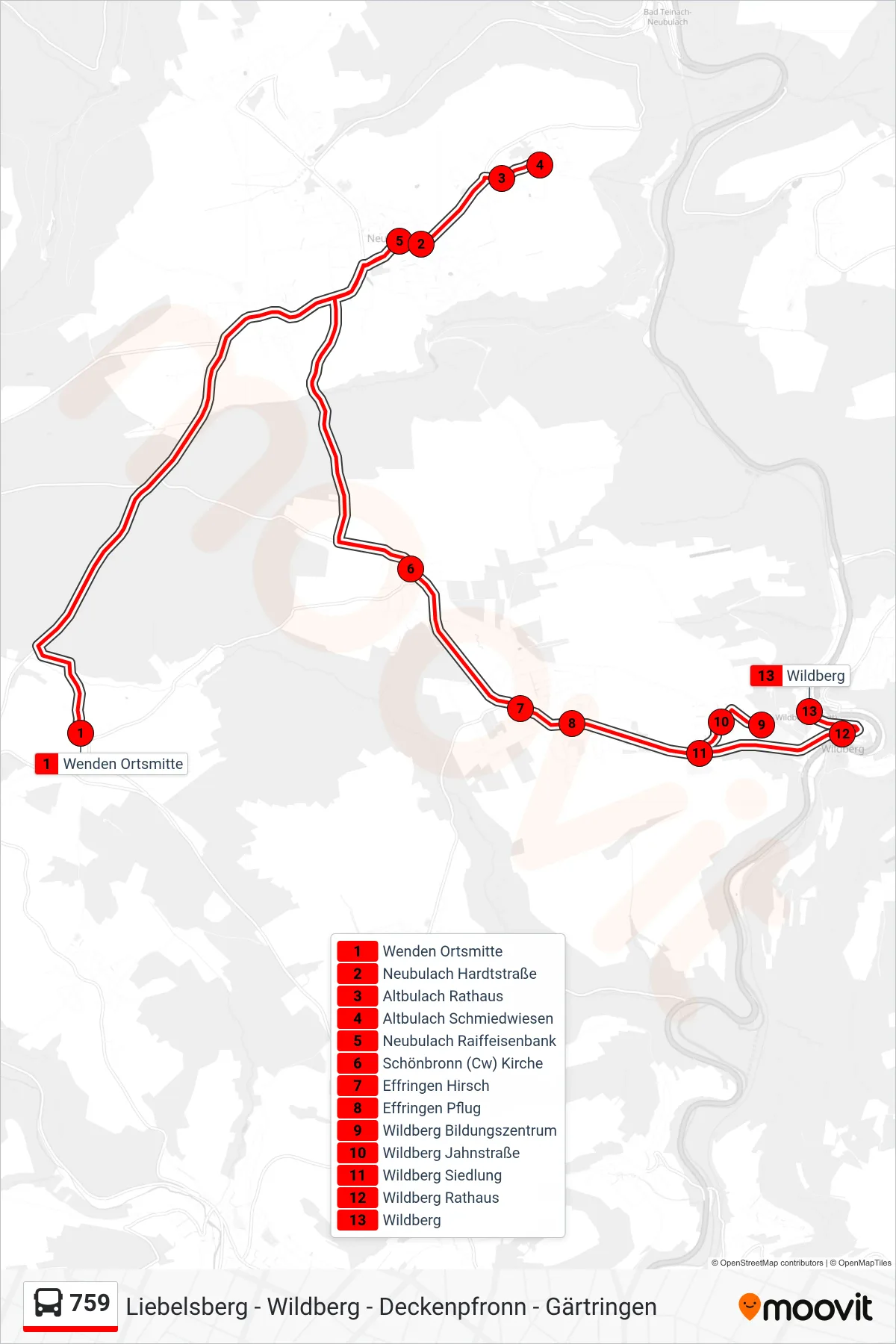 759 bus Line (Wildberg) route and stops on a map