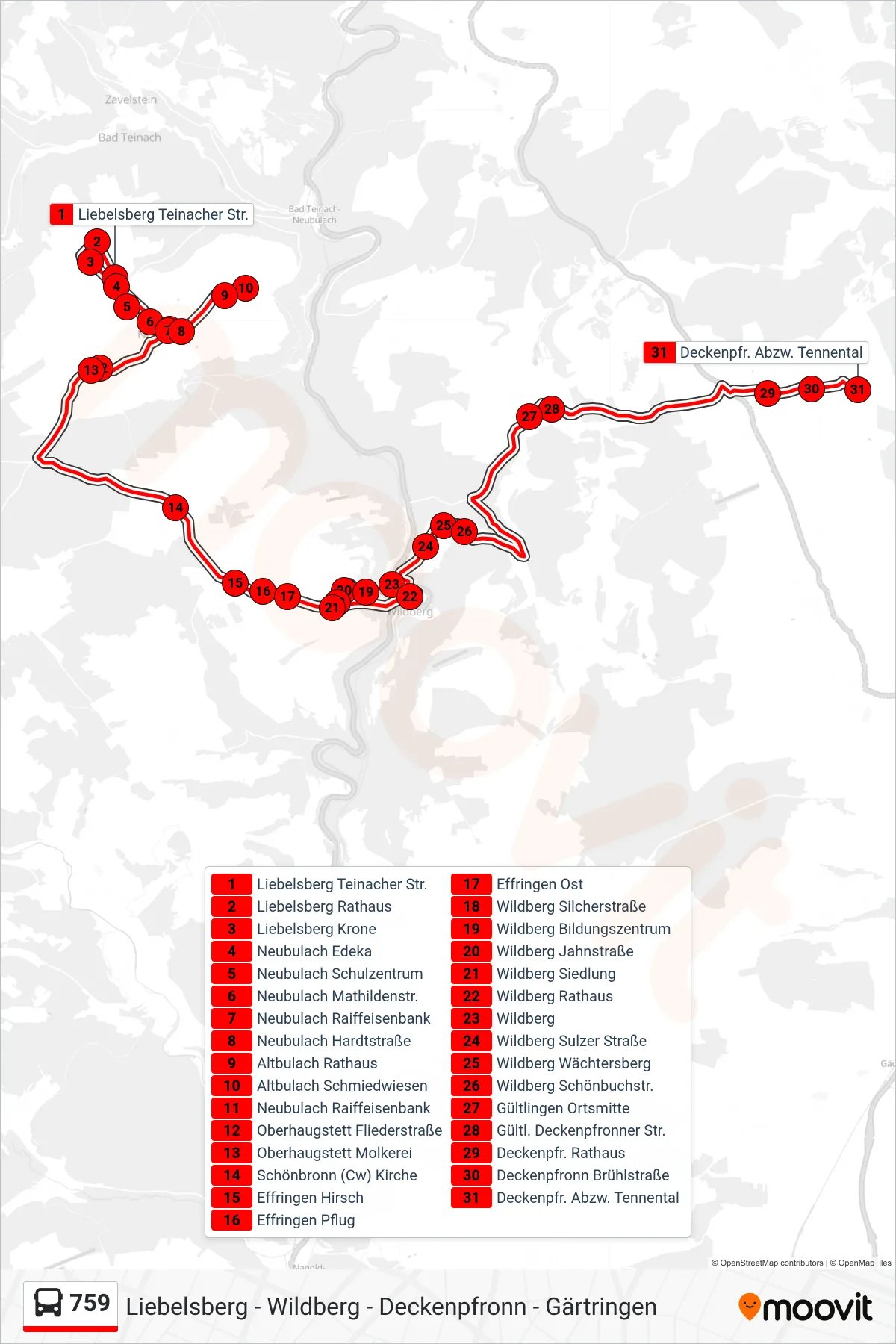 759 bus Line (Deckenpfr. Abzw. Tennental) route and stops on a map