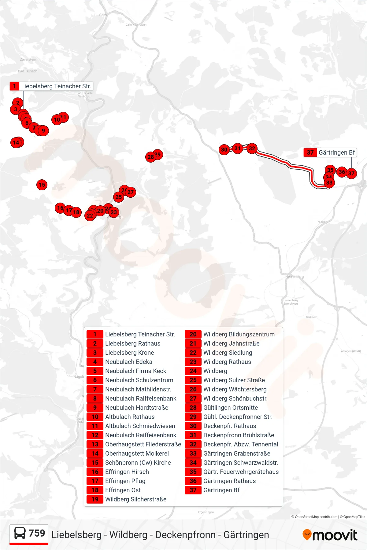 Linie 759 (Bus) Richtung Gärtringen: Route und Haltestellen auf der Karte